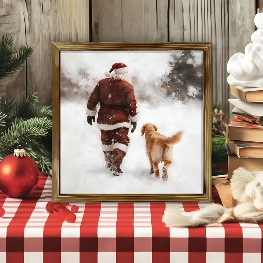 TEMU Art mural plat 2D, 1 pièce, avec cadre en bois - Père Noël vintage et Golden Retriever, convient pour salon, chambre, couloir - Décoration de
