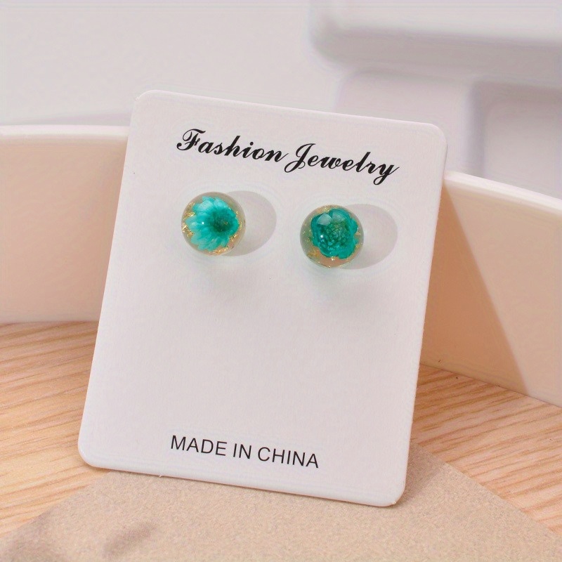 Resin Glass Ball Stud Earrings Multicolor Dried Flowers Hypoallergenic Posts