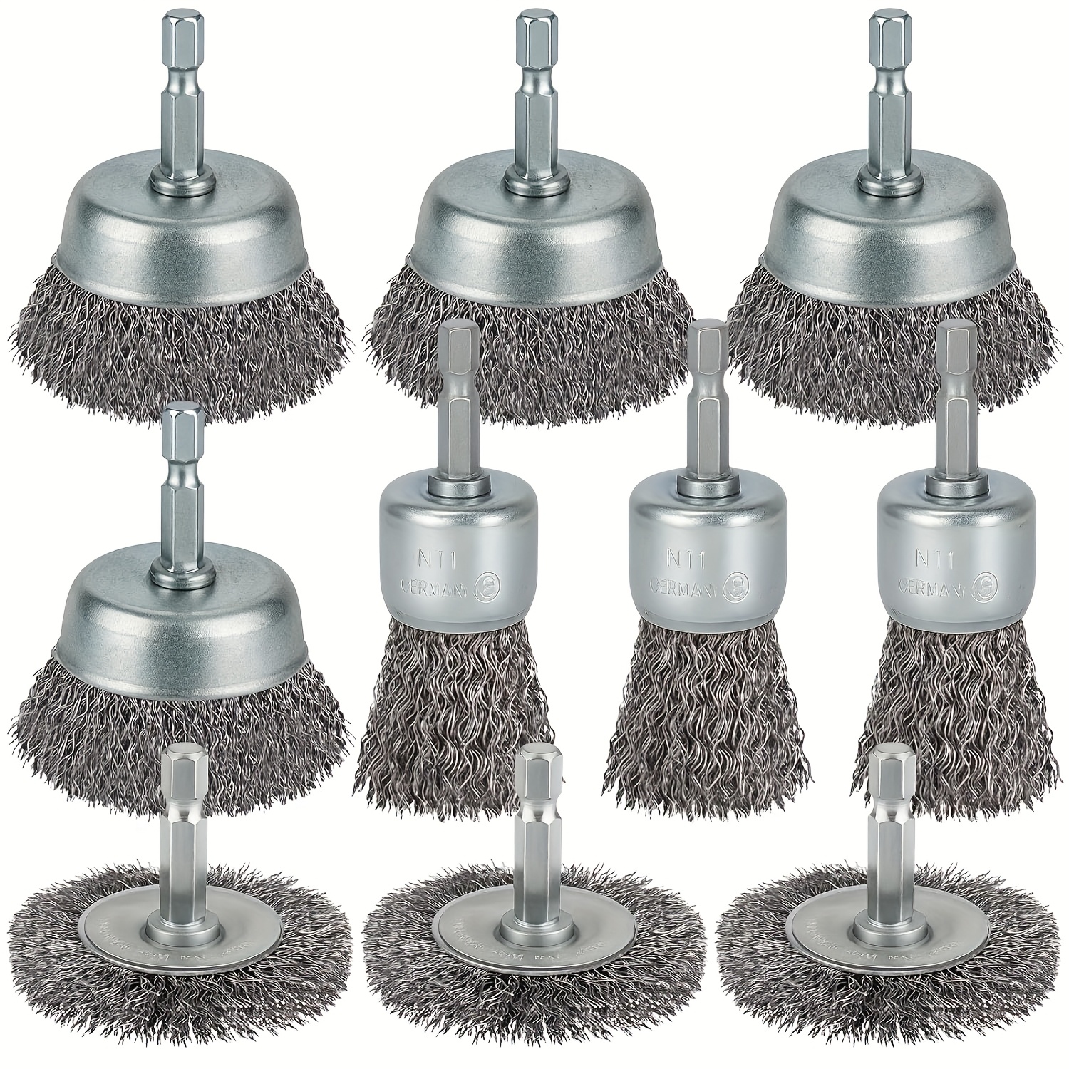E-shop 10-teiliges Drahtbürsten-Set, Stahlgewellter Radkopf, 1/4 Zoll (ca. 0,6 cm) Sechskantgriff, zur Rostentfernung Schleifreinigung