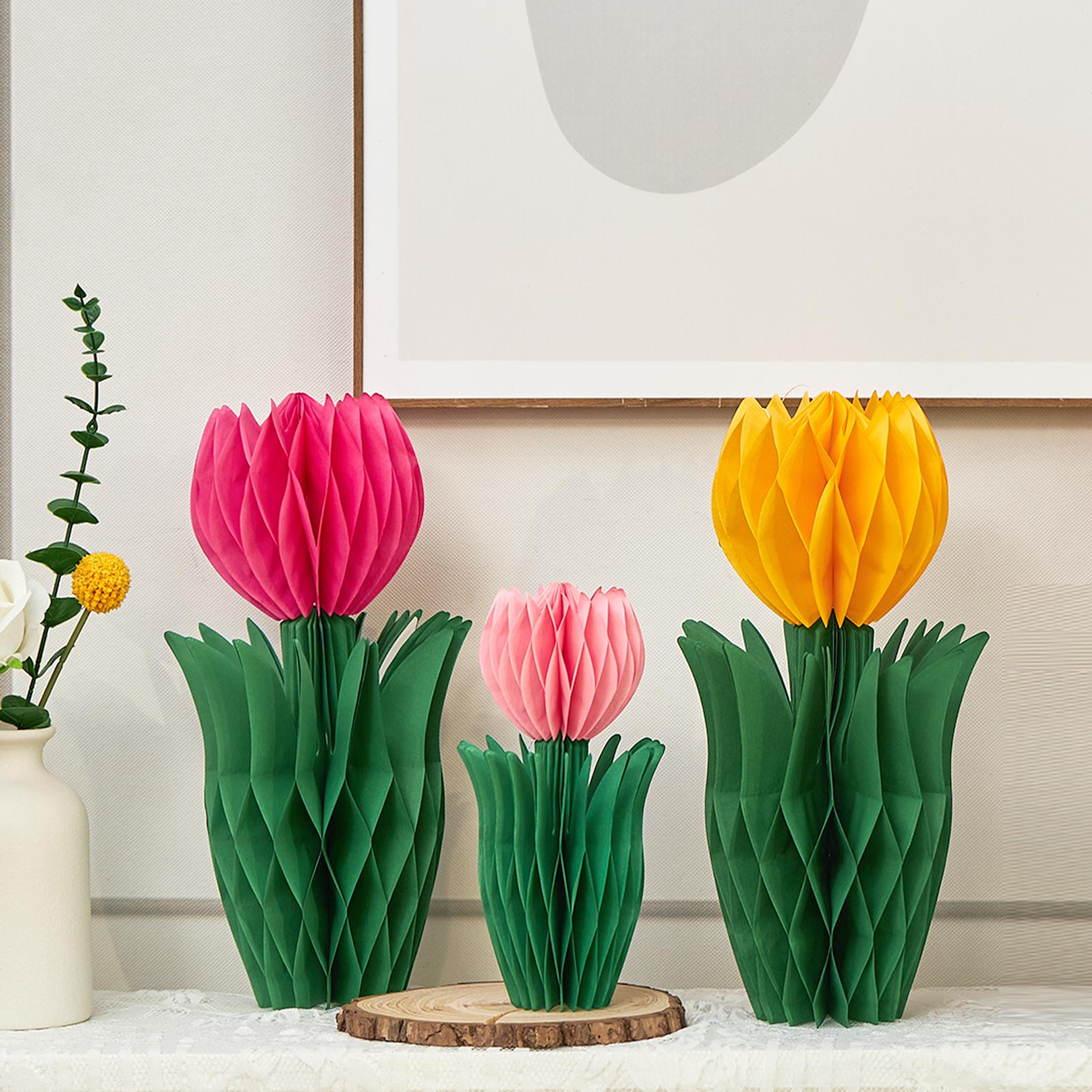 3pcs 3d Tulip Honeycomb Centerpieces Spring Flower Party Decorations Yellow Pink Table Centerpieces For Garden Birthday Easter Wedding Bridal Shower Supplies