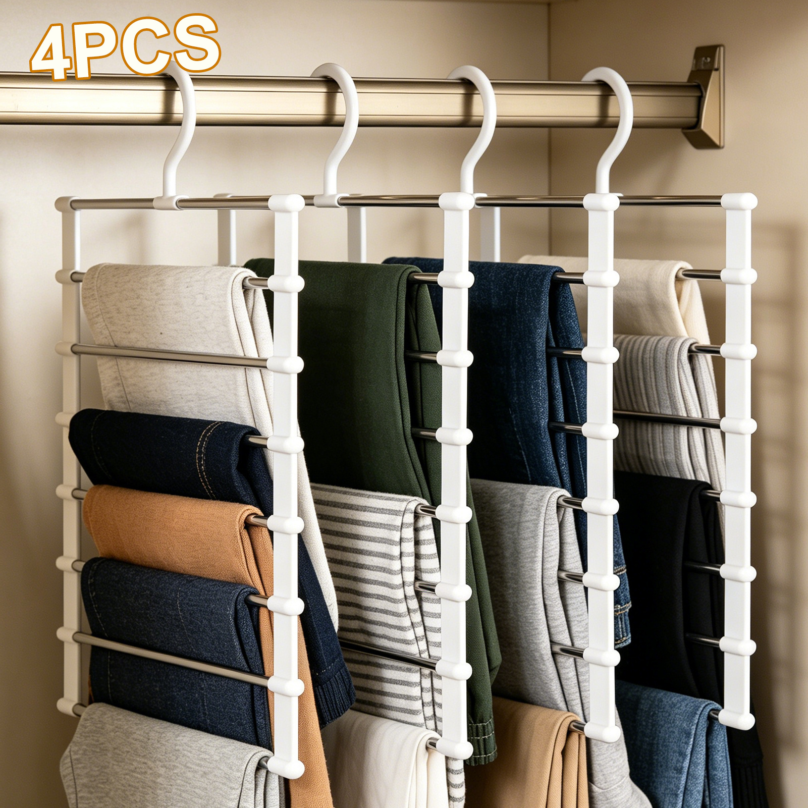 TEMU Lot de 4 cintres à pantalons de place, organisateur de placard antidérapant pour jeans, pantalons et leggings, support de rangement suspendu