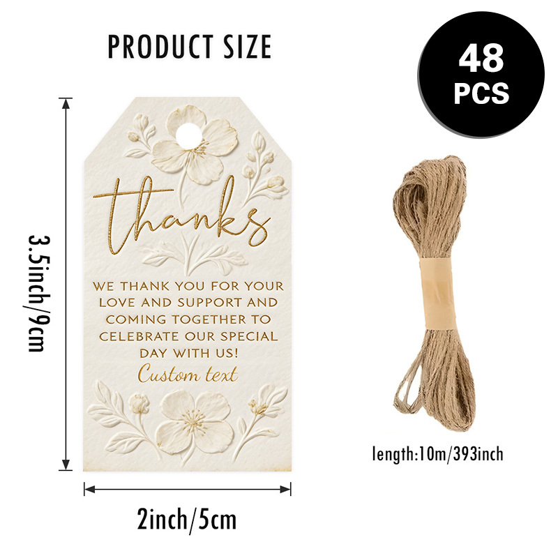 TEMU /48pcs Thank You Gift Tags, Personalizable, With Jute Rope, Embossed Floral Design, Suitable For Wedding, Bridal Shower, Elegant Party Favors,