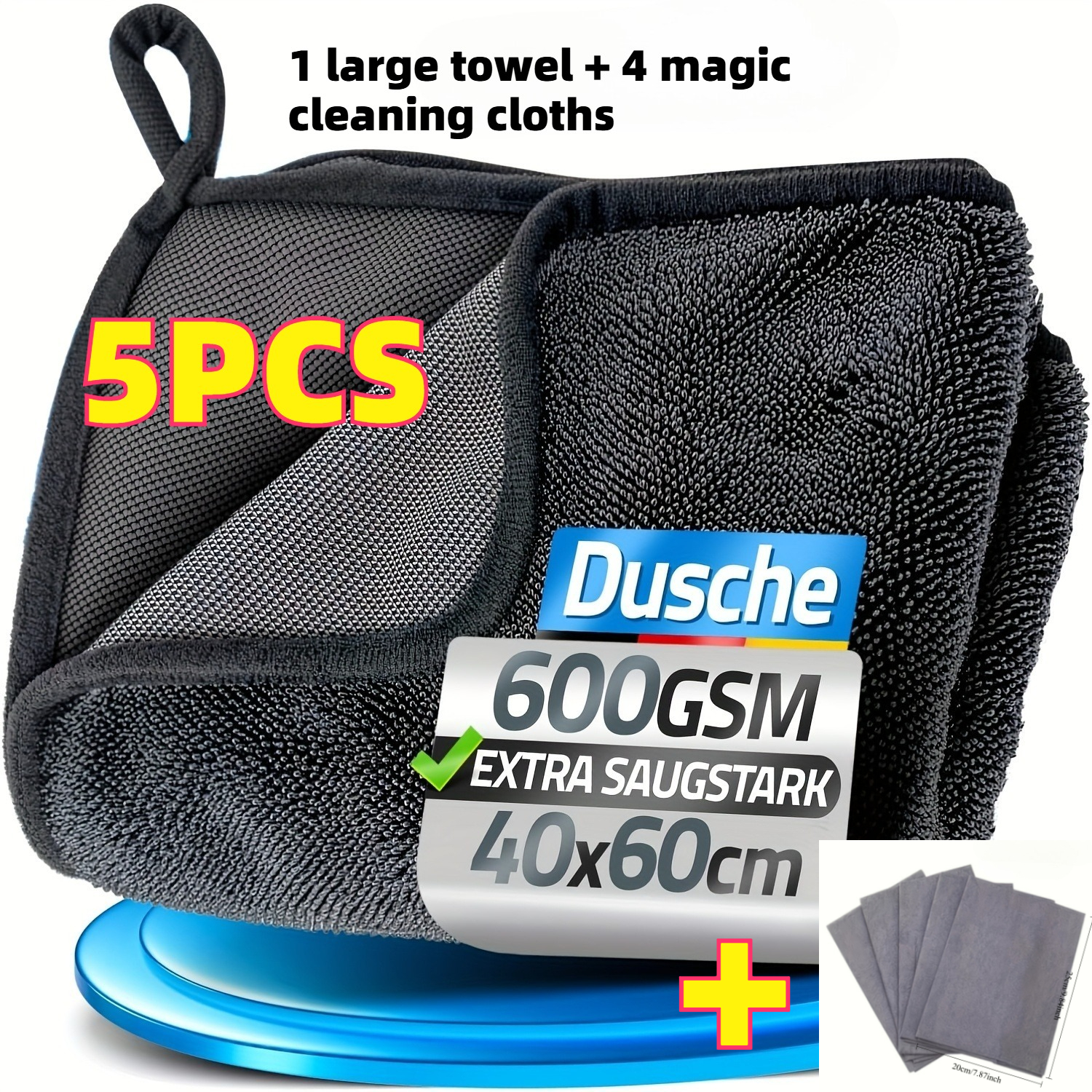 TEMU 1pc Xxl Large Car Wash Towel & 4pcs Magic Cloths Suitable For Bathrooms, Car Interior/exterior Care, High Absorbency Quick-dry Microfiber Towels