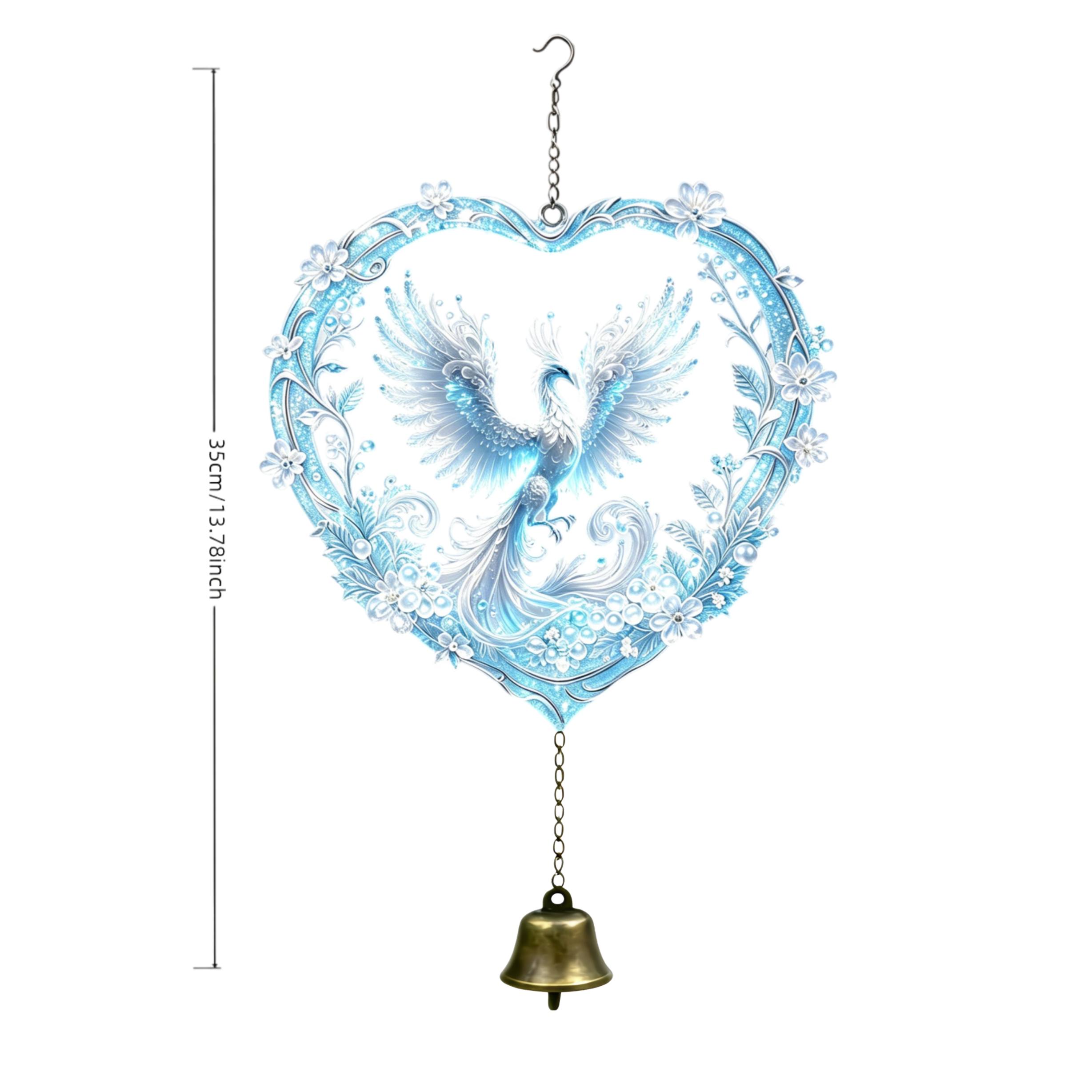 TEMU Love Heart Crystal Phoenix Wind Chime Pendant, Transparent Heart-shaped Flower Leaf Carved Frame, Ice Phoenix Design, And Gorgeous. With Retro