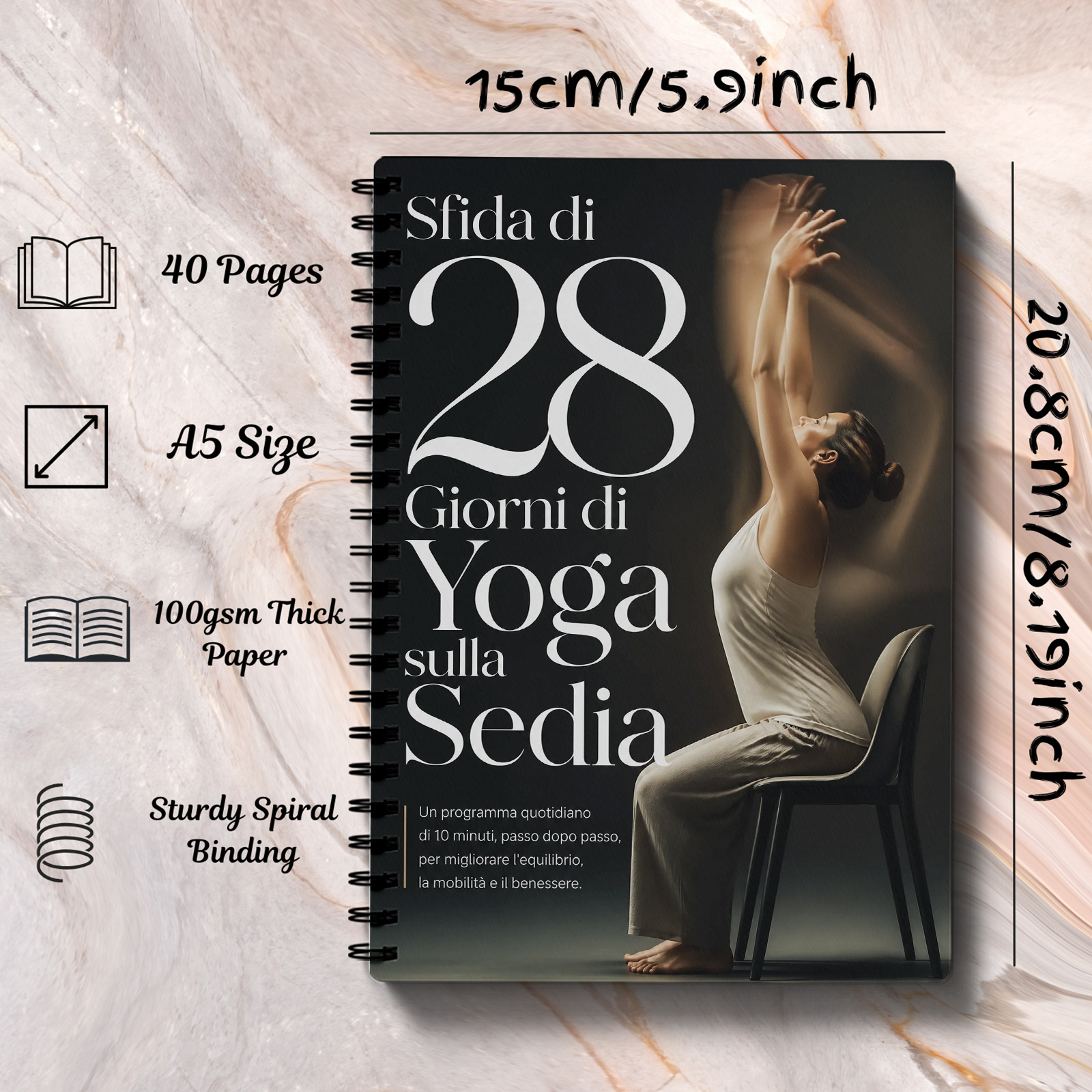 TEMU Italiana | Allenamento Yoga sulla Sedia | di Allenamento e Agenda Fitness A5 da 40 | Sfida di 28 e di 10 Minuti, Regalo Unico per Anziani, Mamme