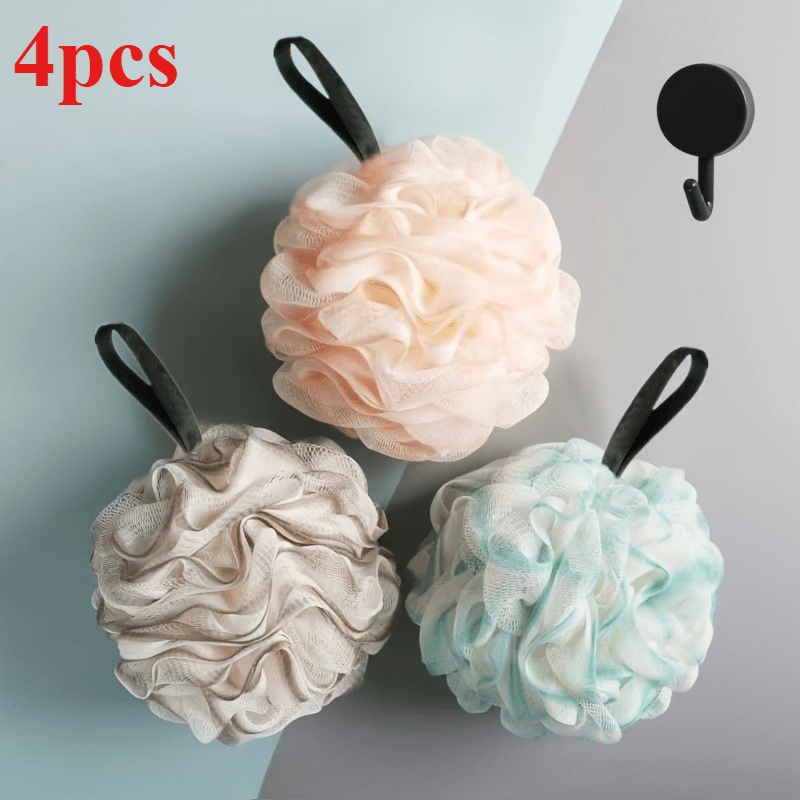 TEMU Lot de 4 pièces (couleurs aléatoires : 2 boules de bain + 2 crochets), Éponge de bain gourde à mousse double , Boule de bain fleur à bordure en