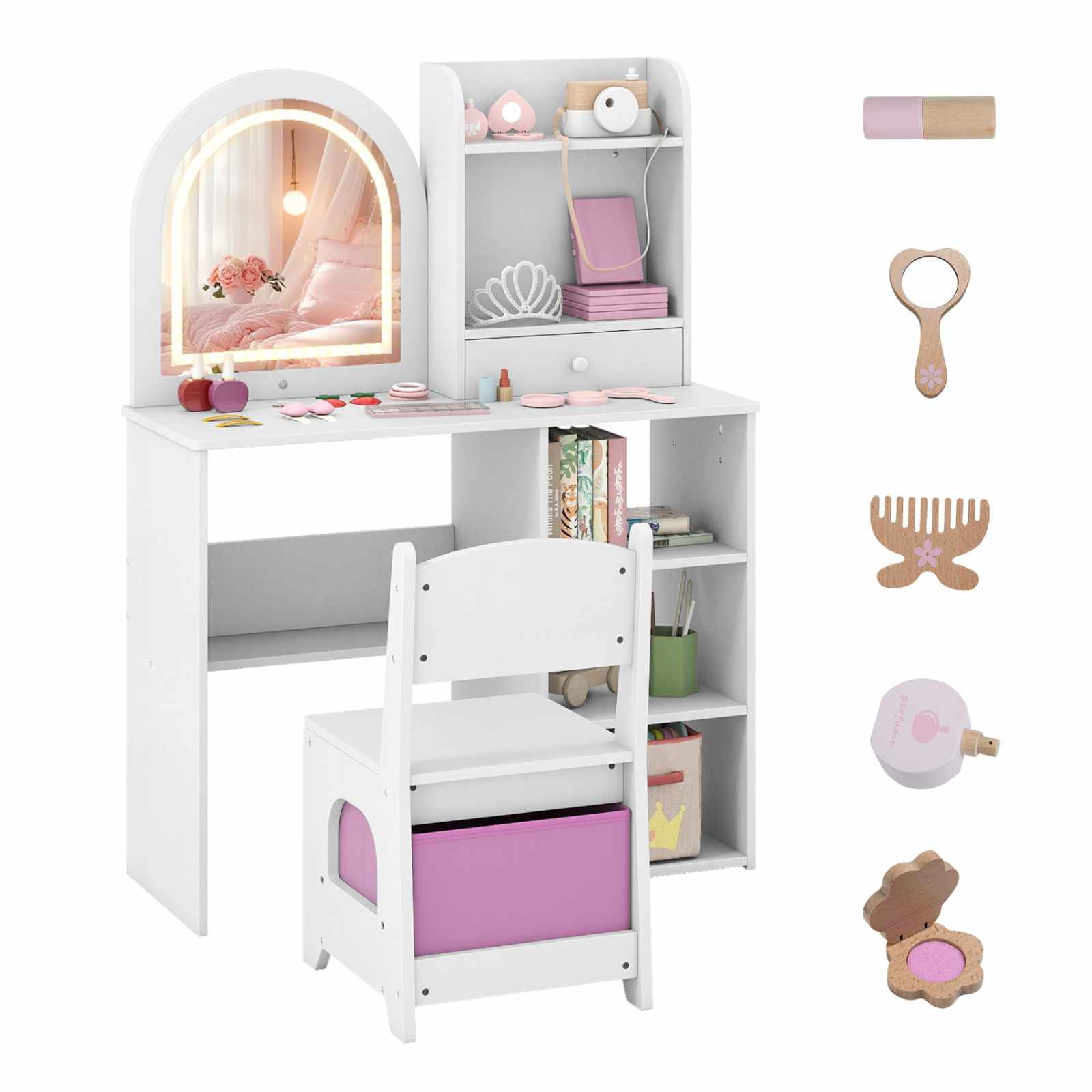 TEMU Lifezeal ' 2-in-1 Princess Vanity & Writing Desk With Led Lighted Mirror, -tip Dressing Table, Shatterproof Mirror, Removable Drawer & Storage -