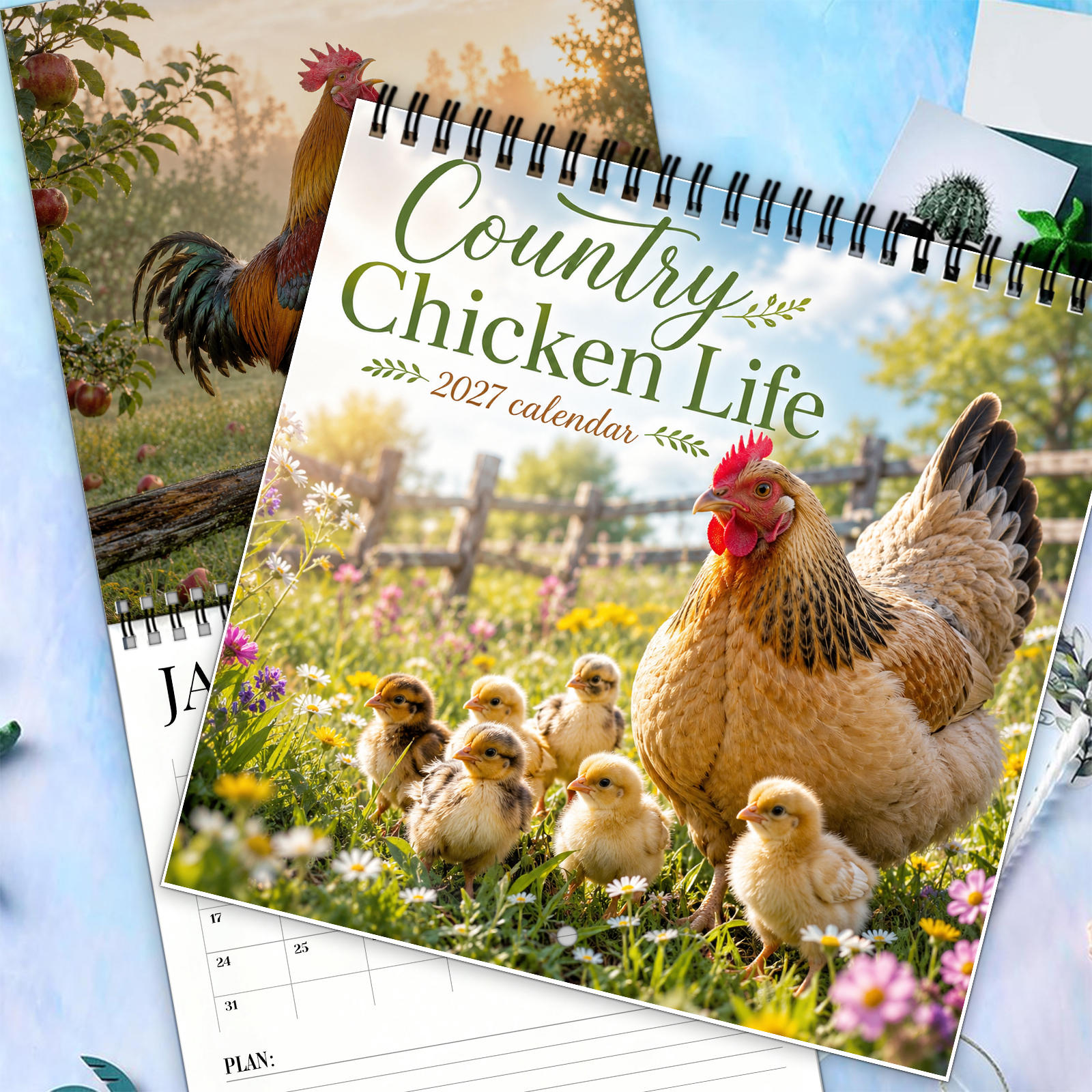 TEMU 1pc Calendrier mural Vie de de 2027 avec pages mensuelles, Photographie de volaille de ferme vintage, Image colorée de coq de , de suspension à