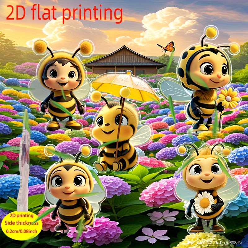 TEMU 2D , 5 Piezas de Estaca de Jardín de Abejas - Decoración Exterior de Césped de Abeja con Anclajes , Marcadores de Plantas con Temática de Abejas