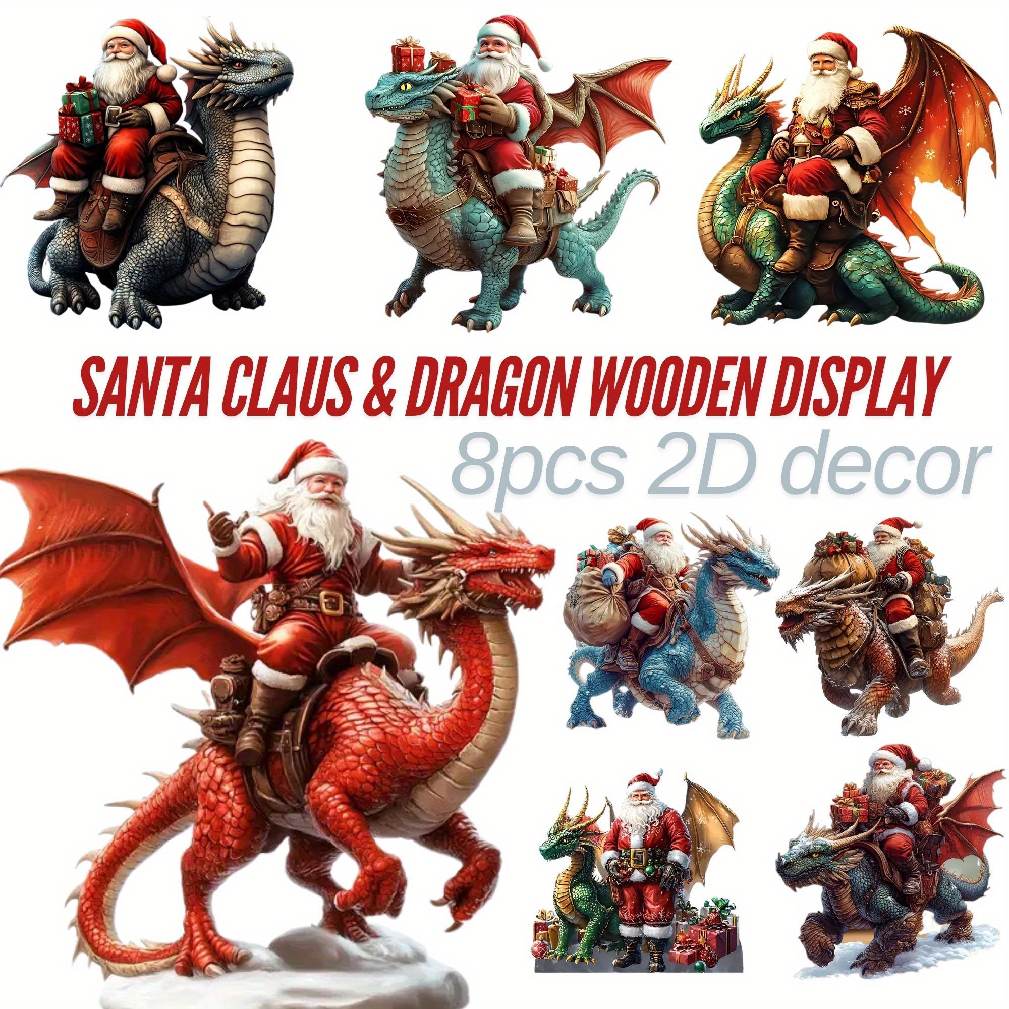 

8pcs Santa Claus & Dragon Wooden Ornaments Set - Christmas, New Year & Holiday Decorations, Winter, New Year