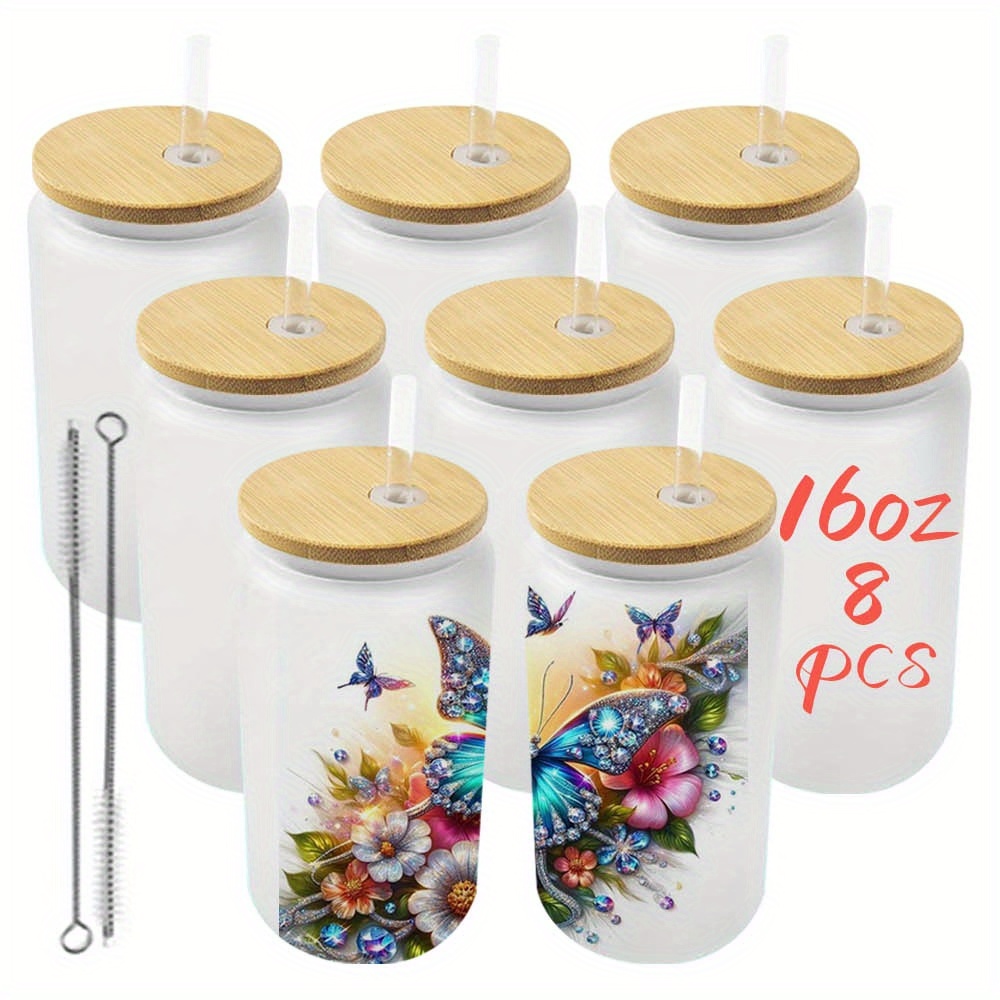 8pcs Glass Cups Drinking Glasses With Bamboo Lids And Straw, 16 Oz Frosted And Can Shaped Sublimation Blanks Tumblers, Juice Glasses, Iced Coffee Glasses, Gifts