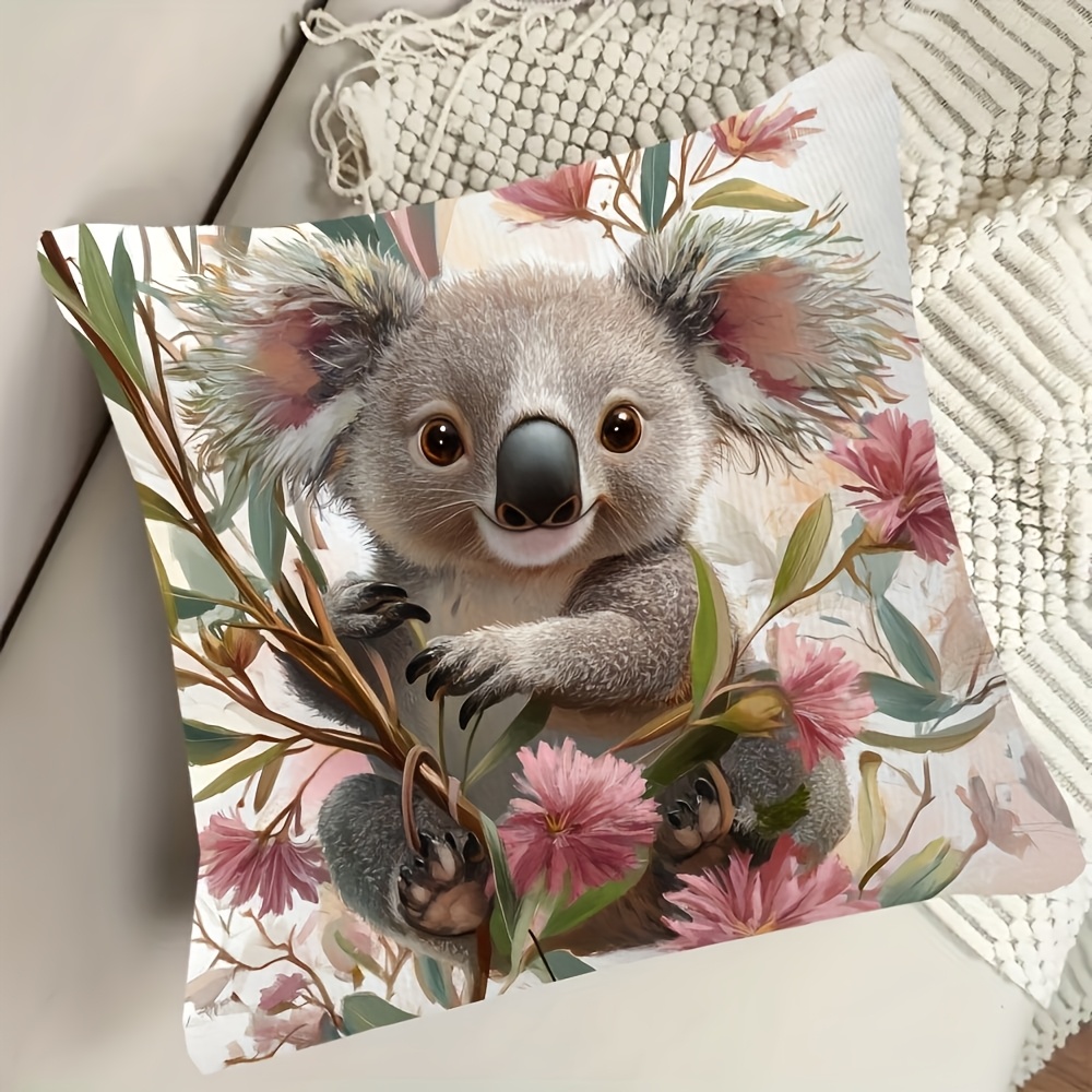 TEMU 1pc Koala Floral Print Pillowcase, Zipper Closure Pillow Cover, Decor, Accent For Living Room And Office, Throw Pillow Cover, Decorative