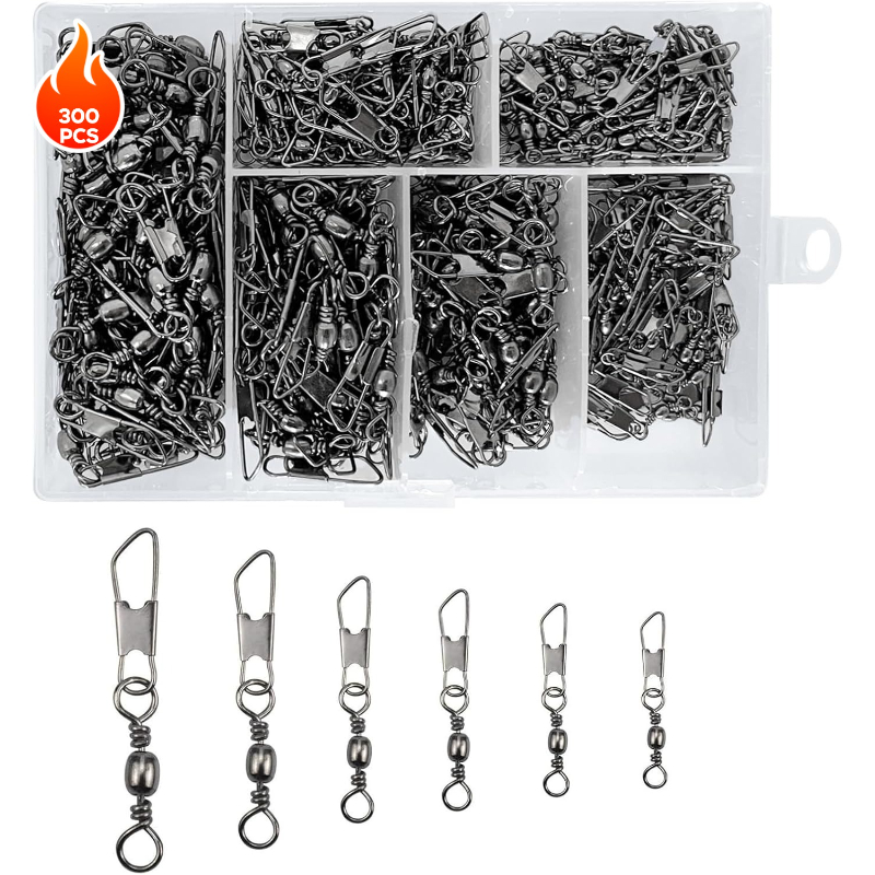 Image of 300pcs Swivel Fishing Set, Fishing Swivels With Ball Bearing Swivels, Fishing Swivel Carabiner With Sorting Box, Fishing Additions 6 Sizes 5# 7# 8# 10# 12# 14#