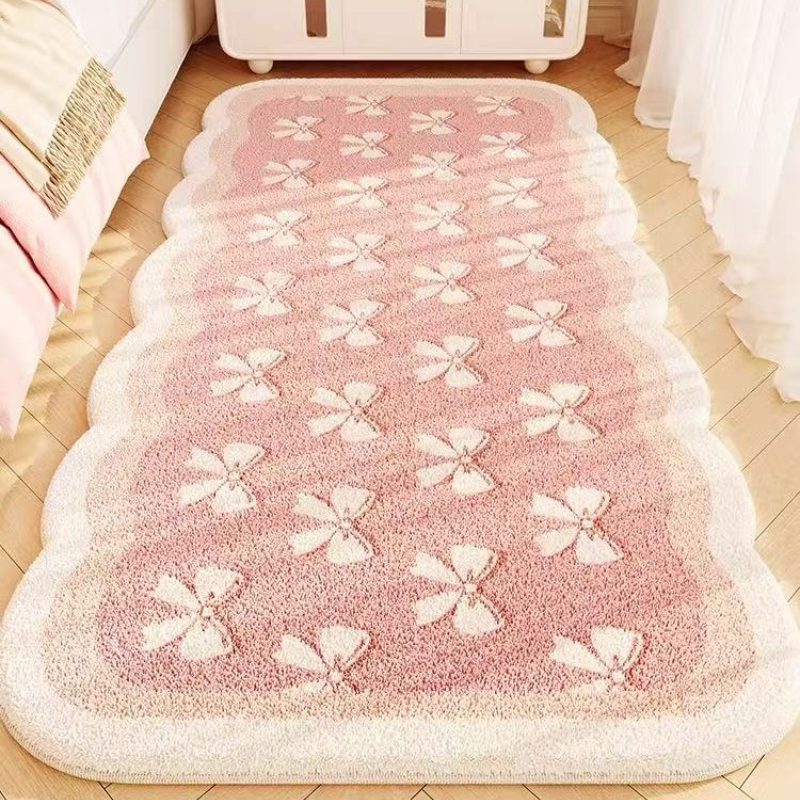 TEMU 1000g+10mm Faux Imitation Cashmere Pink Ins-style Bedside Runner Rug, Cream-colored Living Room Bow Pattern Carpet, Irregular Shape Bedroom