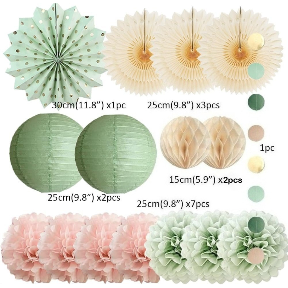 Image of 16pcs Sage Green And Blush Decorations Paper Lanterns Sage Paper Fans Light Pink Tissue Paper Pom Poms For Sage Green And Dusty Pink Birthday Baby Shower Bridal Shower Wedding,for Christmas, Halloween