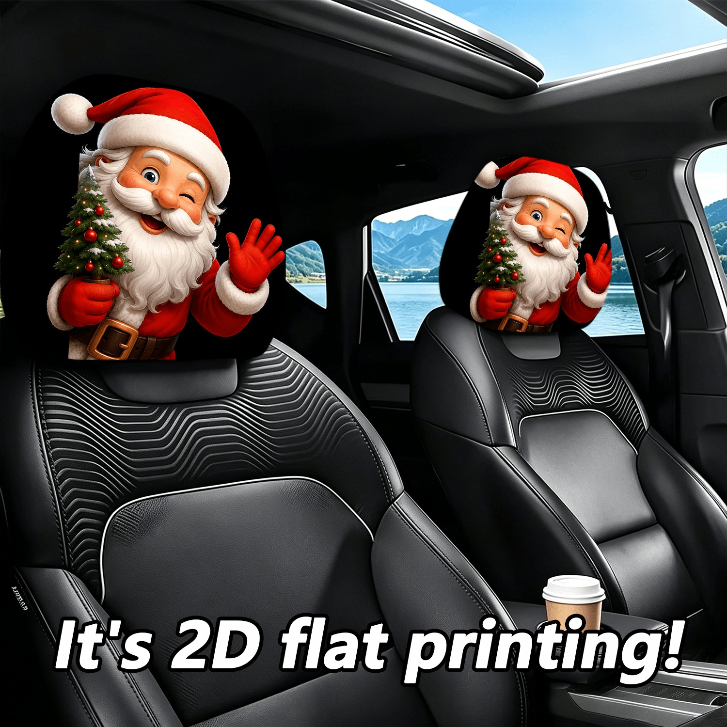 TEMU 2pcs Set Of Adorable Cartoon Santa Claus Holding A Christmas Tree Car Headrest Covers, , 2d Flat, , And Remove, Machine Washable, Perfect