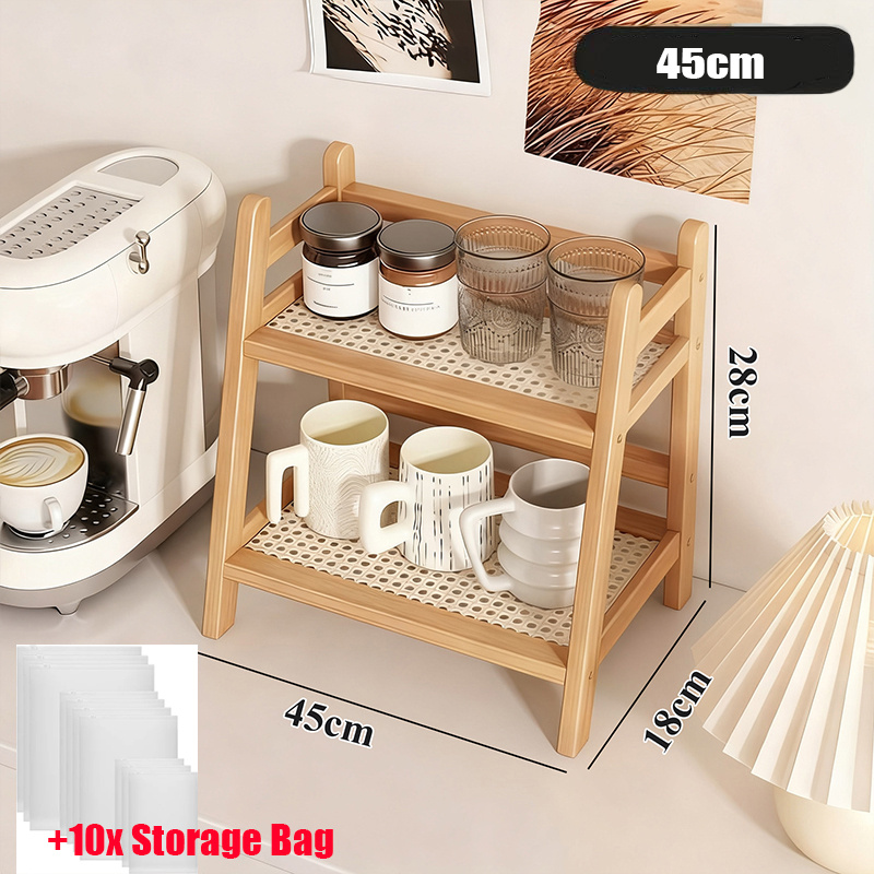 TEMU 2-tier Bamboo Organizer And 10pcs Storage Bags - Multifunctional Rack For Kitchen, Office, Or Bedroom | Arched Design, Bohemian Wood Surface |