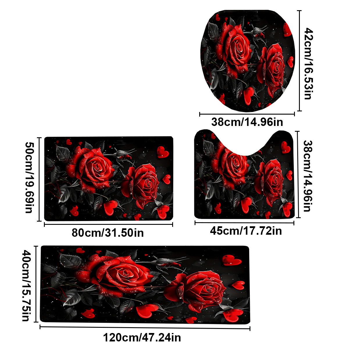 TEMU 4pcs/set Valentine's Day Rose Printed Bathroom Protective Mat Set, Non-slip Bathroom Mat, Flannel Bathroom Mat, Bathroom Floor Mat, Toilet Mat