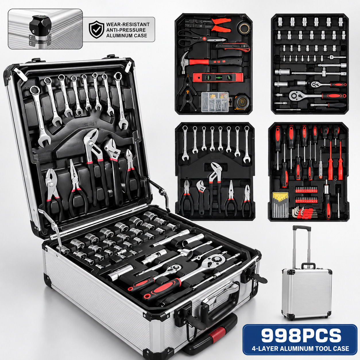998/42pcs complete auto repair tool set, aluminum trolley tool box on wheels, professional mechanic tool kit,     tools, ratchets, wrenches, sockets & pliers for auto repair, garage, workshop,   maintenance Product details 0