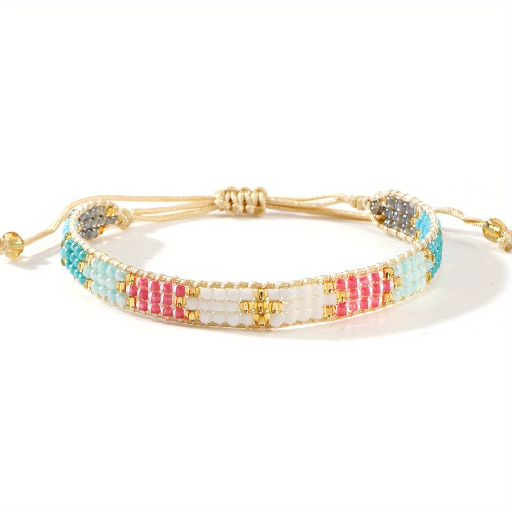 1pc Bohemian Retro Adjustable 3-row Bracelet - Multicolor Glass Bead Arrow & Cross Charms, Elastic For Casual Attire &