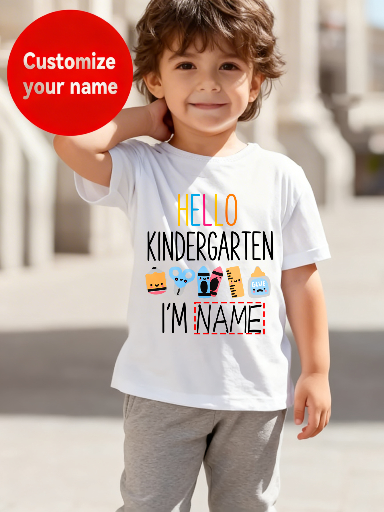 new years boys t shirt name customization hello kindergarten   alphabet cartoon stationery pattern printed loose and comfortable round neck short sleeve gift top suitable for outdoor spring and summer     wearing  