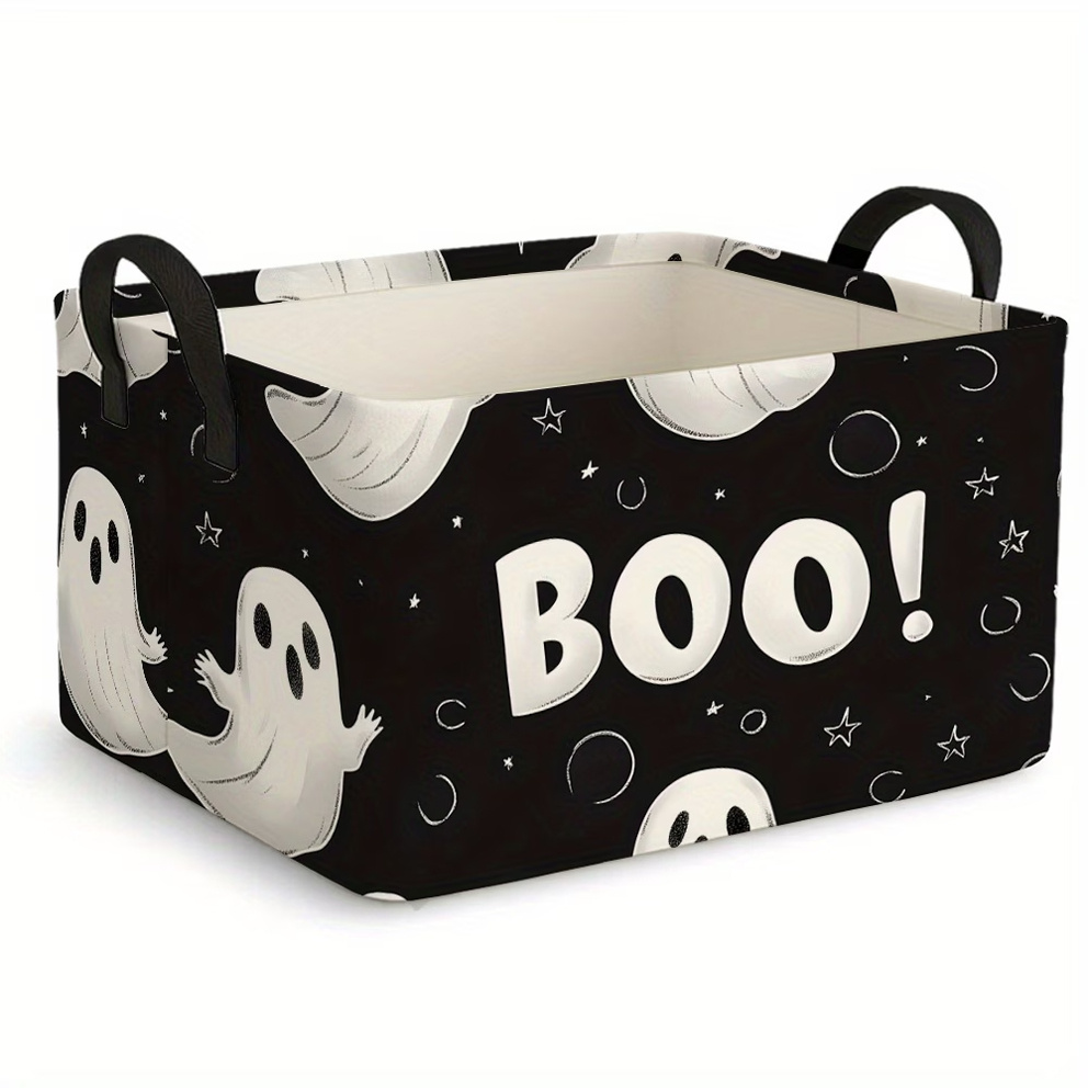 TEMU 1pc Halloween Ghost Boo Foldable Storage Basket, Large Capacity Open Storage Box With Handle, Clothes And Gift Organizer Basket, Home Storage