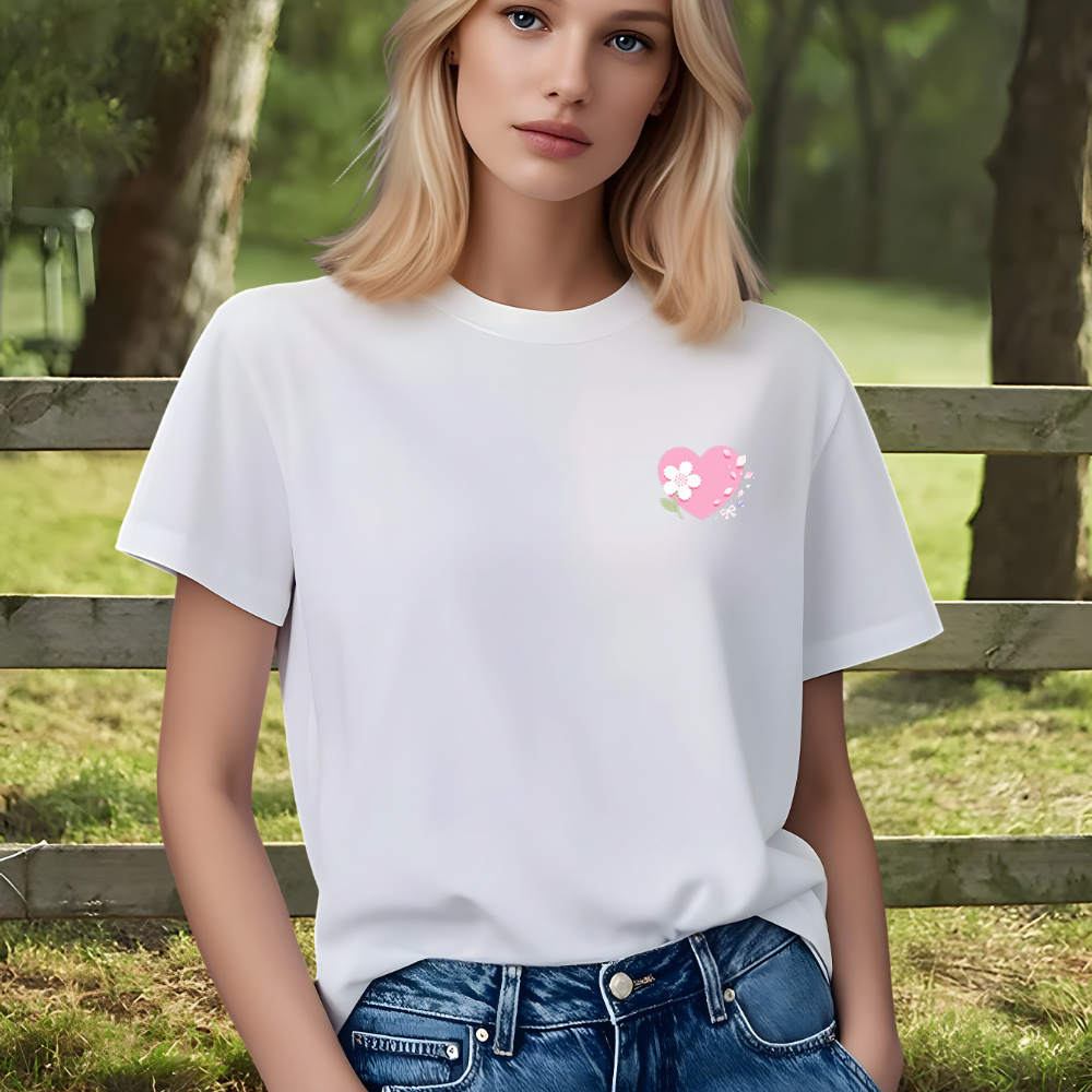 Chemise Femme Cœur Floral - Haut à Manches Courtes Rose Clair avec Imprimé Fleuri, Tissu Respirant 180gsm, Lavable en Machine, Polyvalent pour Maison, Extérieur et Quotidien, Col Rond Décontracté, Coupe Confortable