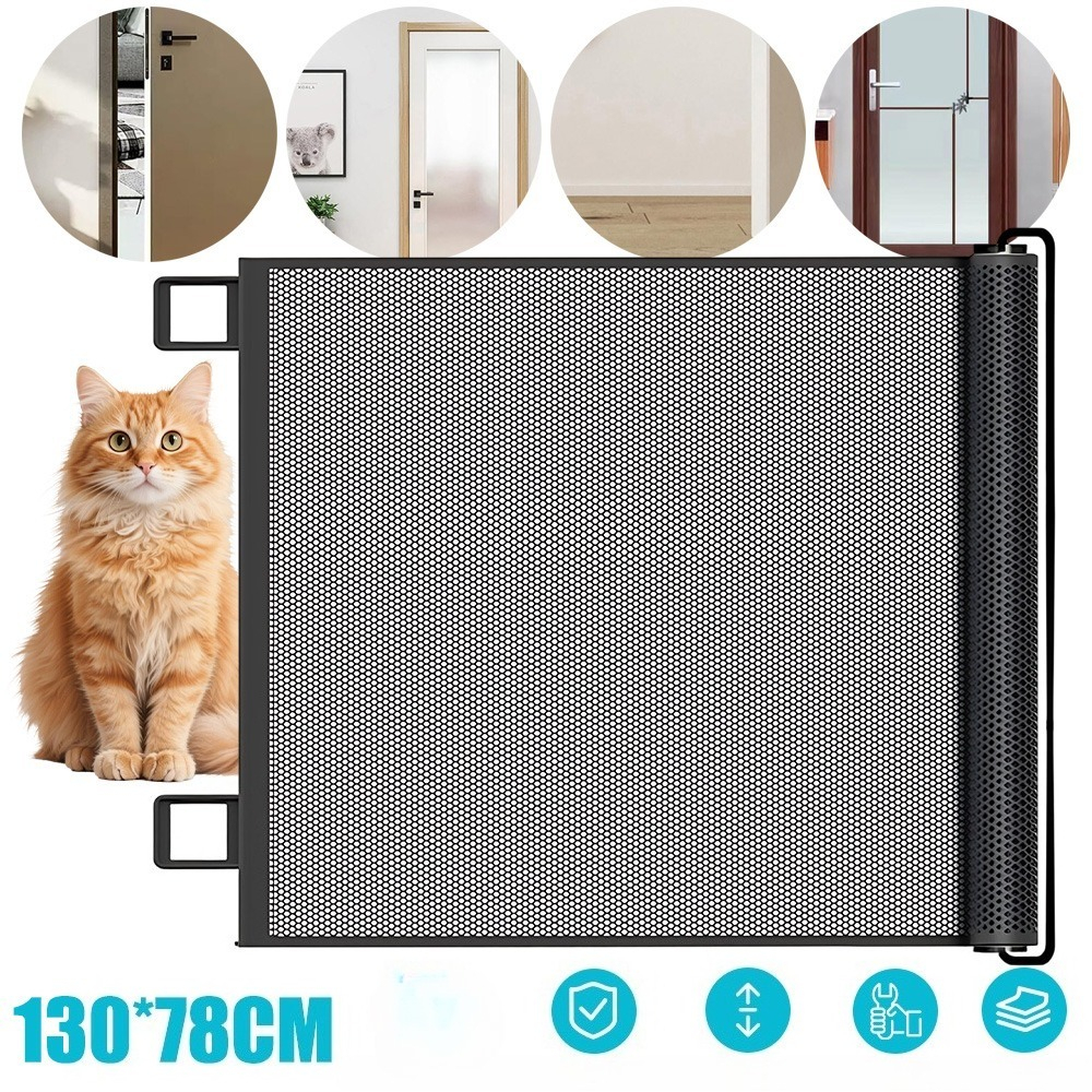 Retractable Pet Gate Mesh Structure Sturdy Safety Barrier For Living Room Bedroom Kitchen Dining Room Household Daily Use