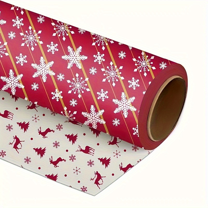 

Christmas Reindeer & Snowflake Double-sided Gift Wrap - 17" X 145" Roll With Stickers, Holiday Presents & Family Gifts, White/red