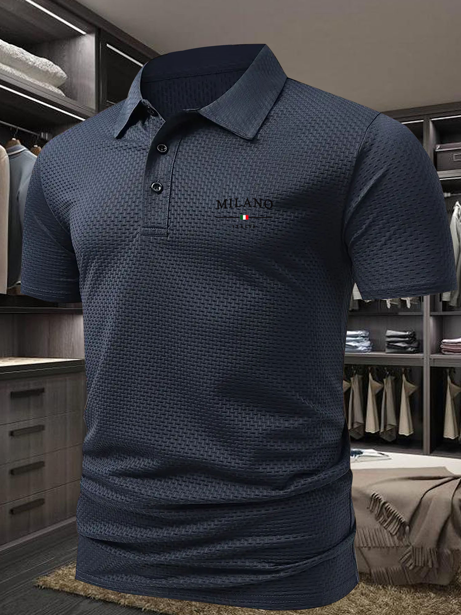 Milano Men'S Casual T-Shirt - Breathable Regular Fit Short Sleeve Shirt with Geometric Print, Button-Up Collar for Summer Comfort & Casual Attire, Comfortable Clothing, Easycare Material