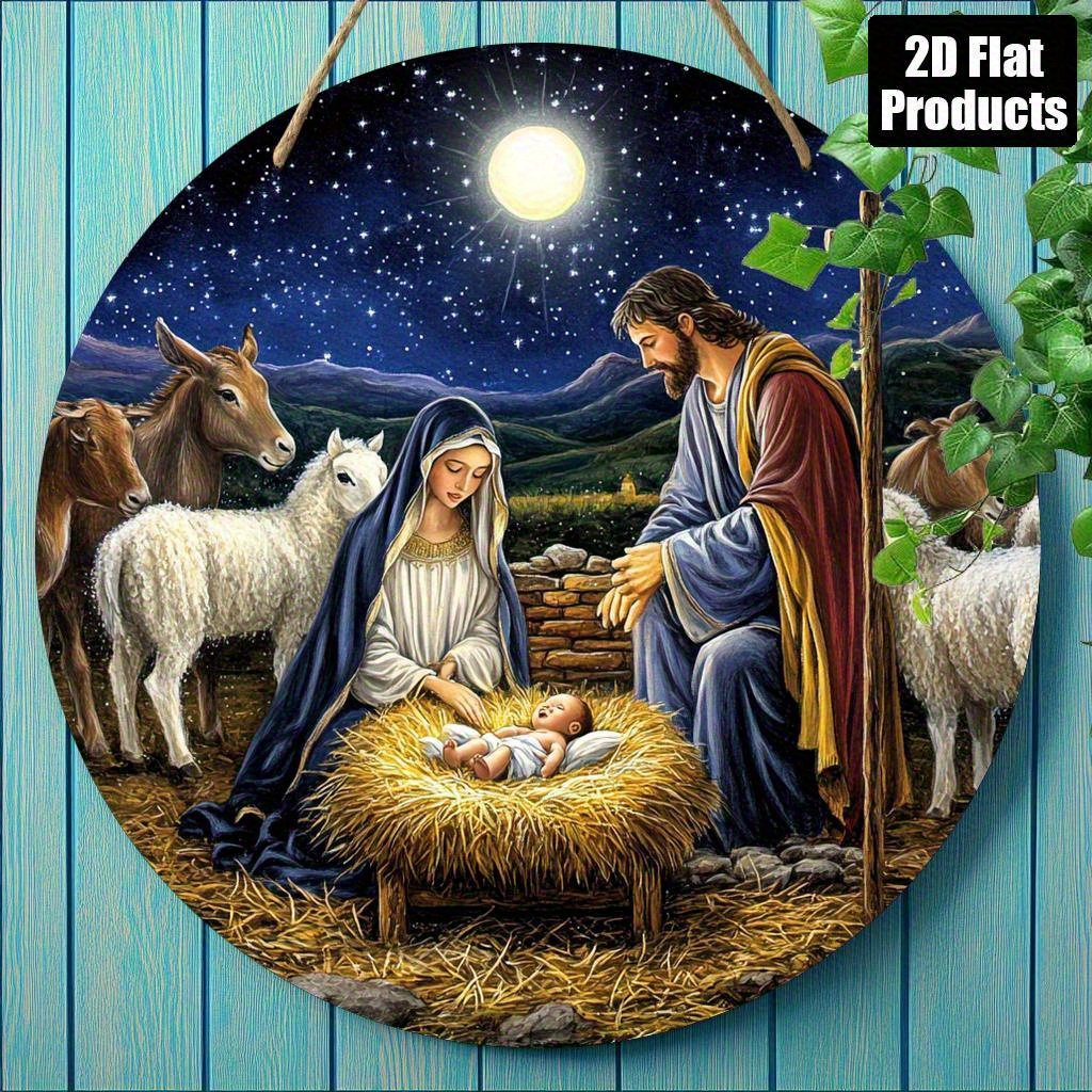 TEMU 2d Flat, 1pc Vintage Nativity Scene Wall Decor - Traditional Religious Hanging Ornament Suitable For Home, Church, Office - Wood Mary, Jesus,