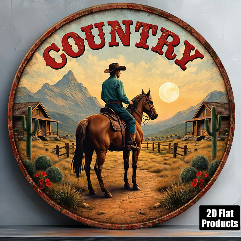 TEMU 2d Flat 1pc Round Wooden Sign, Retro Wooden Plaque About "country Riding Horses", Western Style Home Bar Decor Sign, Suitable For "living Room,