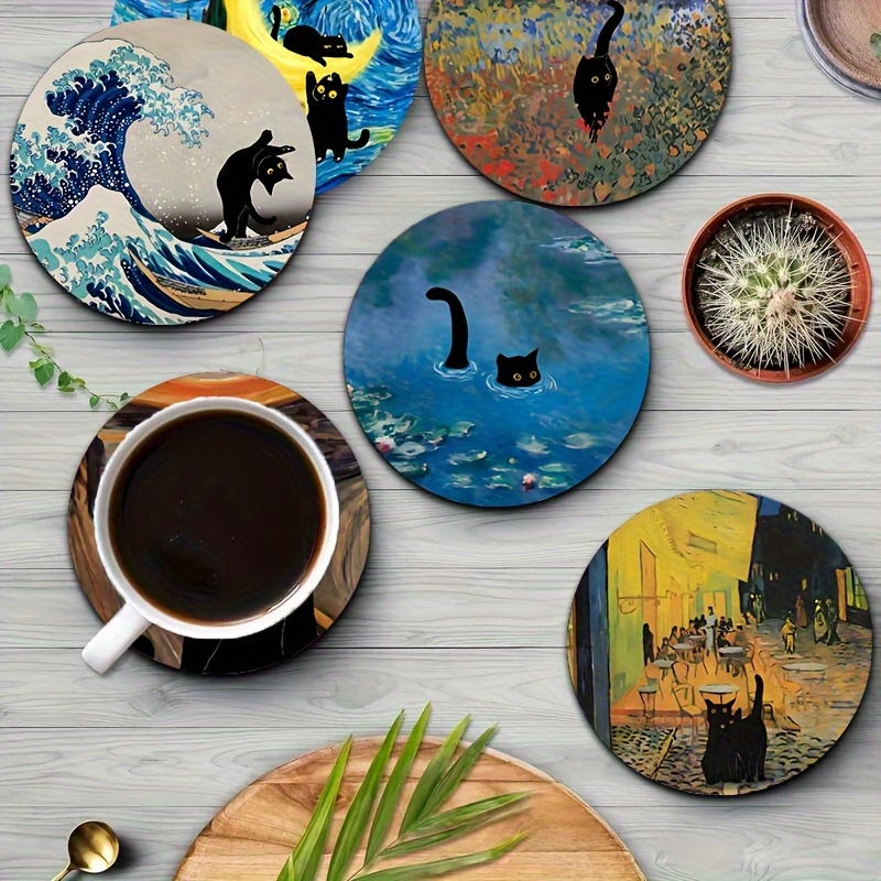 Image of 6pcs Bohemian Cat Wooden Coasters Set, Car Cup Mats, Tea Coaster, Coffee & Drink Mug Pads, Suitable For Home And Dining, Gift For Parents, Friends: Coasters