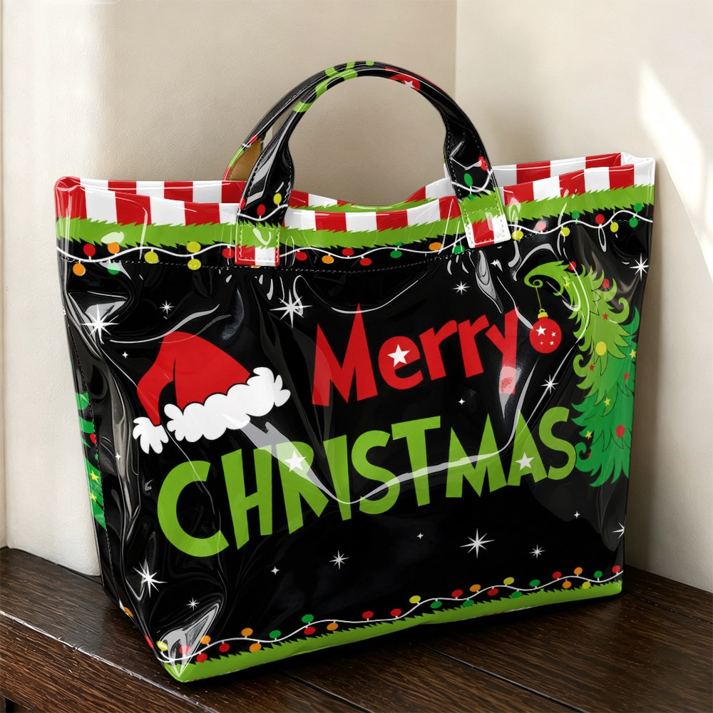 TEMU 1pc Black Background Merry Christmas Cartoon Santa Hat Christmas Tree Color Light Pvc Hand Tote Bag, For Christmas Gifts, Holiday Outing,