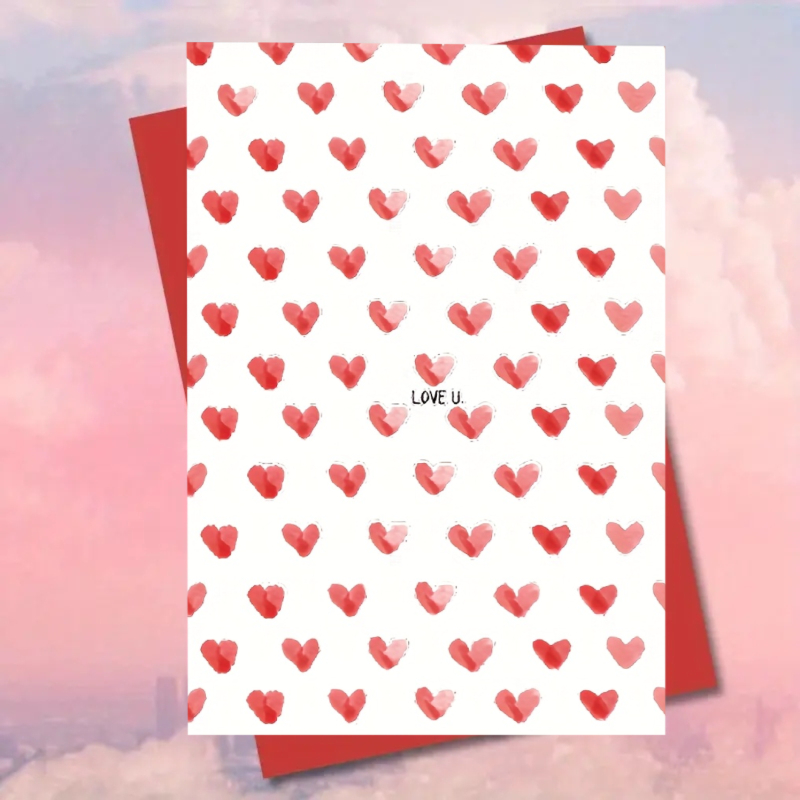 TEMU 1pc Valentine's Day Love Letter Card With Red Watercolor Heart & Love - Romantic Greeting Card Suitable For