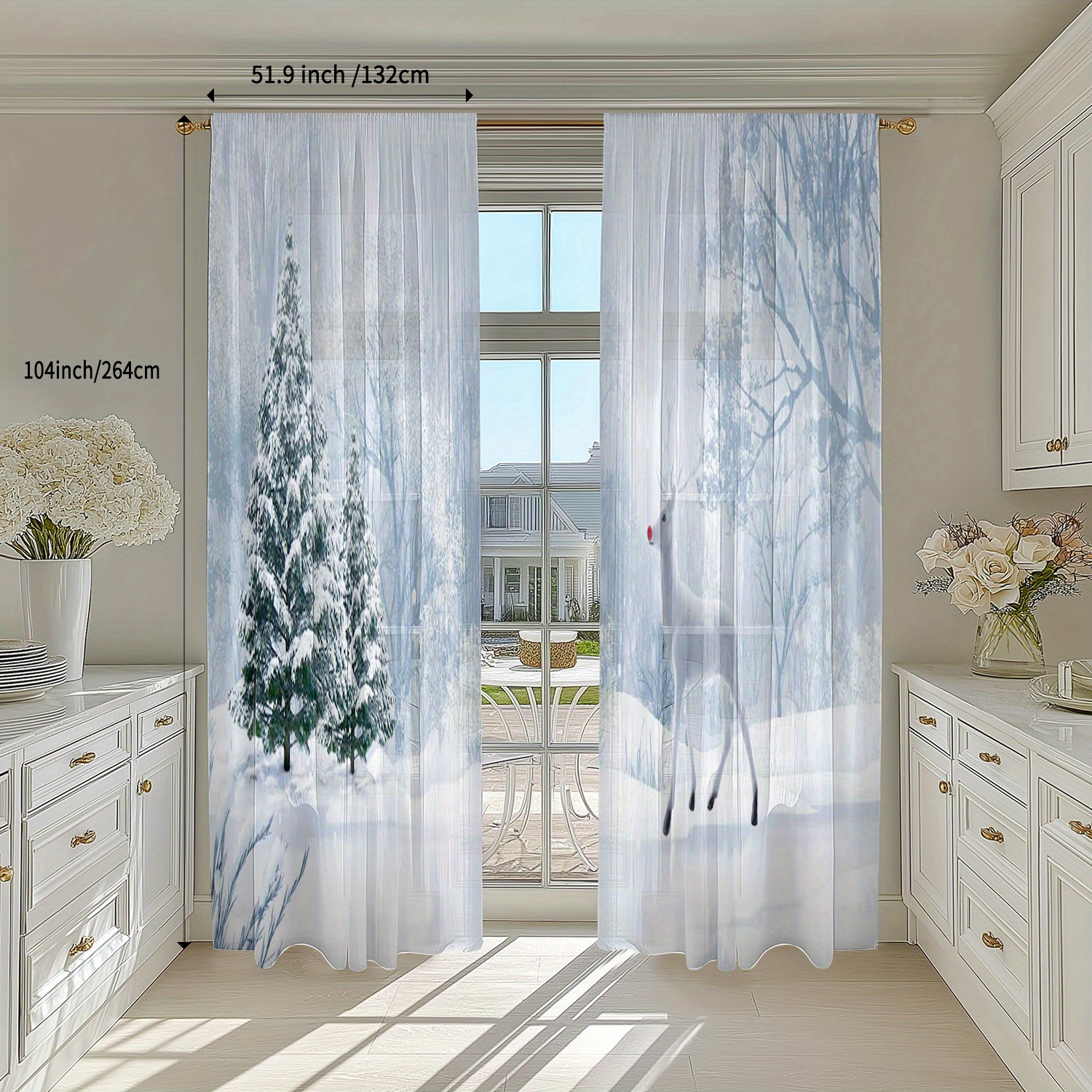 TEMU Set , Tema Natalizio con Bellissimo Paesaggio Invernale, Realizzato in Fibra di Poliestere Semitrasparente, per Tende con a Bastone, per
