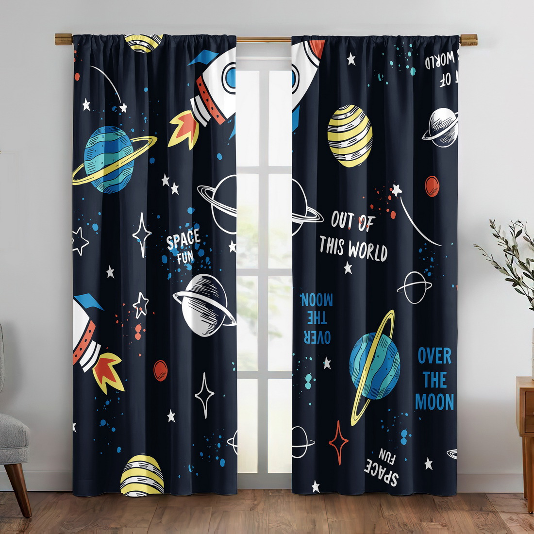 TEMU 2pcs Curtain Fabrics, Space Printing Window Products, Insulation Blackout Curtains For Bedroom, Polyester Machine Washable, Kitchen Bedroom