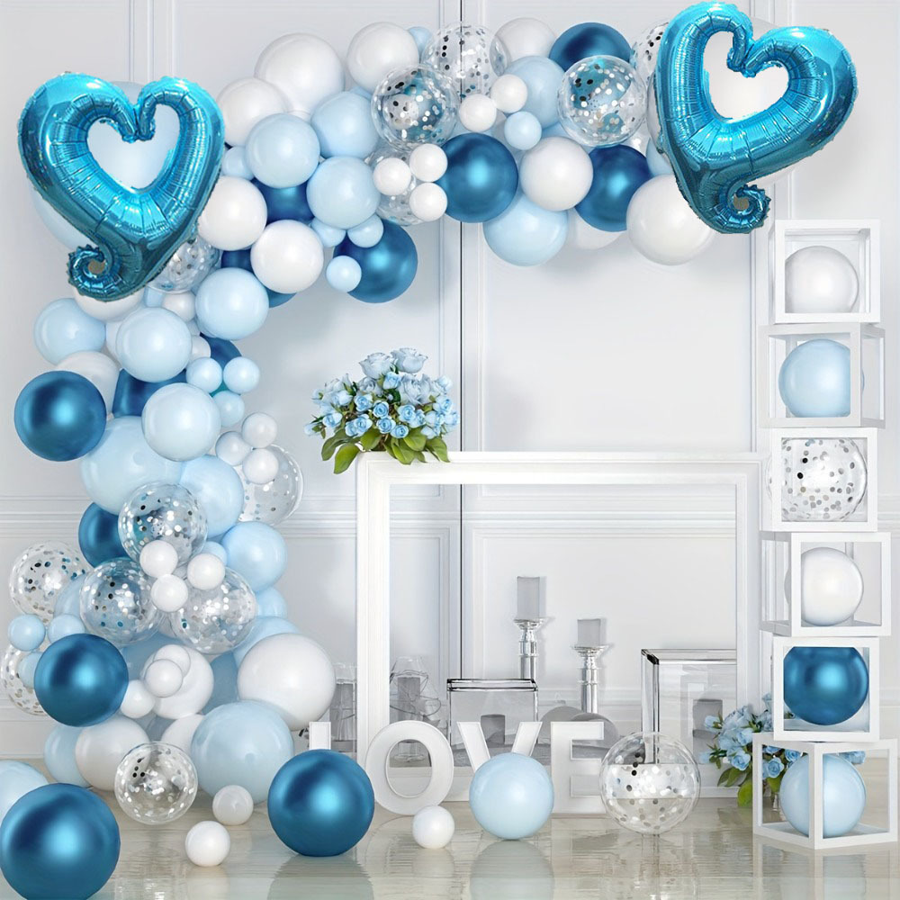 

129pcs Birthday Balloon Set, In Maca Blue, Metallic Blue, Matte White Balloons, Silvery Sequins, Light Stars, Suitable For Engagement, Birthday, Wedding Party Decoration Items, Flower Garland Arch Set