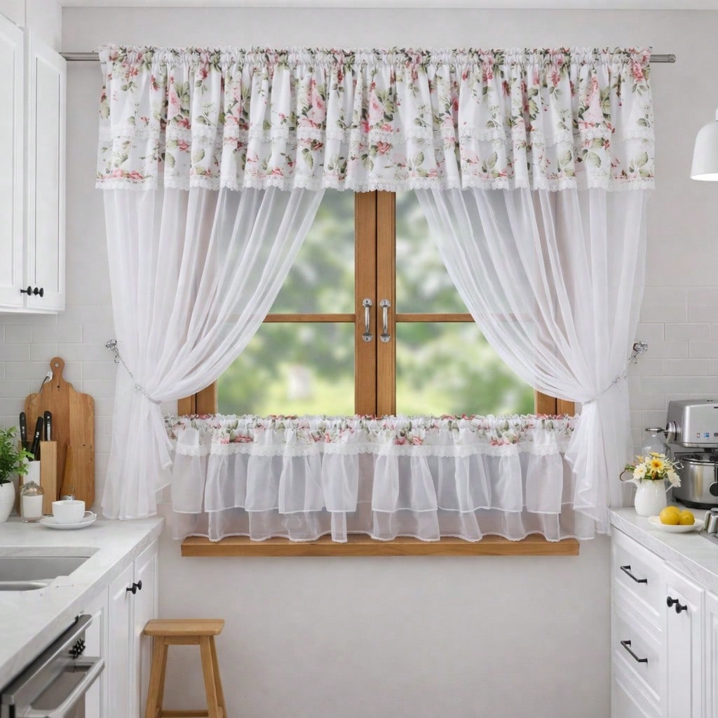 TEMU Style Floral Decoration Curtains, White Chiffon Ruffle Edge Curtains And 2-layer And Half Curtain Sets, Retro Lace Edge Curtains Suitable For