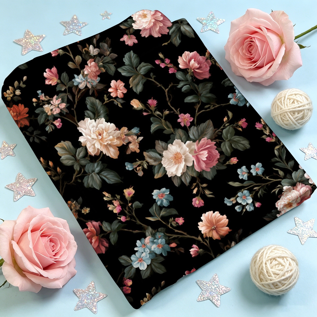 TEMU 1 pièce de tissu à motif floral avec fleurs roses et bleues sur fond noir, imprimé numériquement. Disponible en plusieurs tailles. est doux et