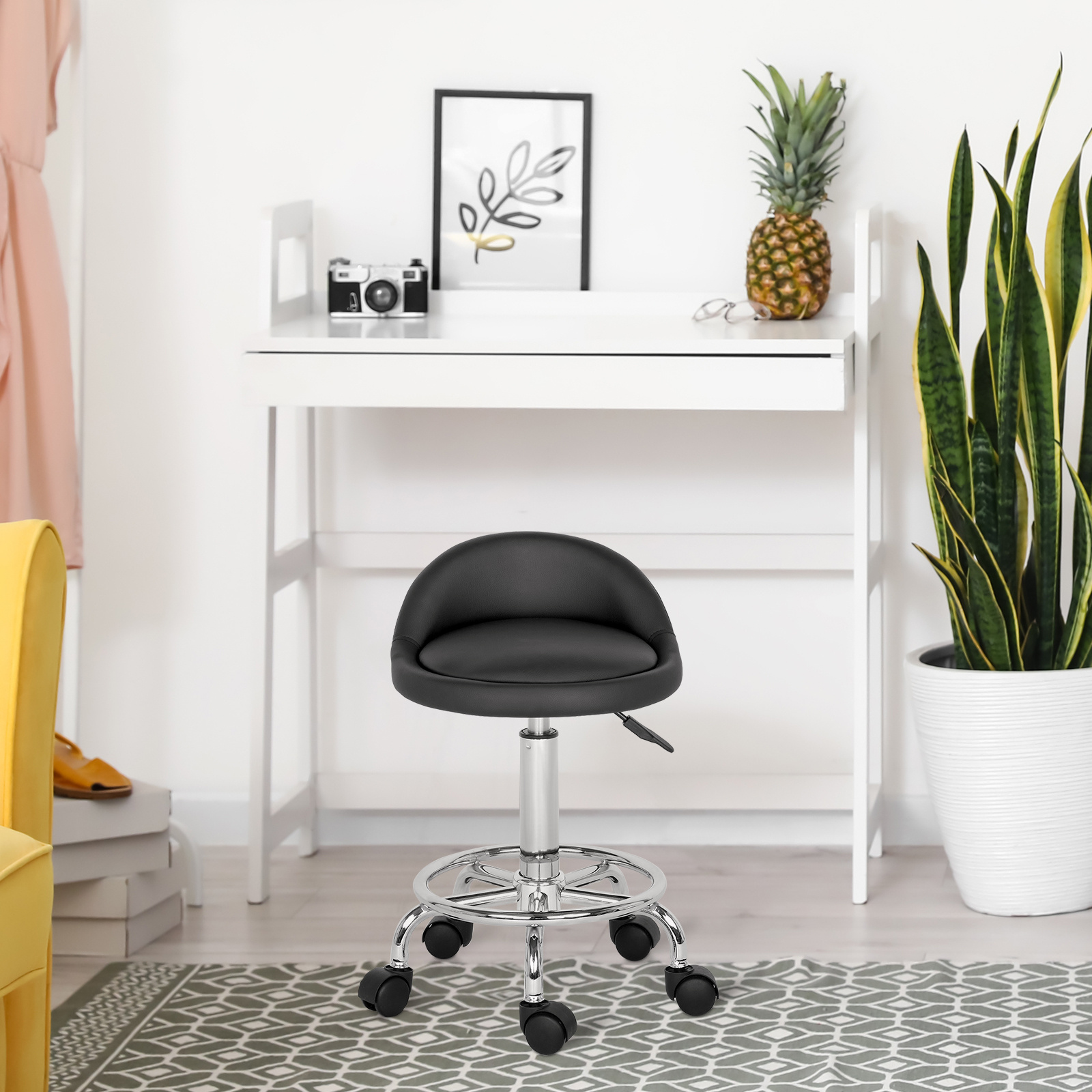 Technician Stool With Small Backrest - Black Semi, Nylon Casters, 150kg Capacity, Round Stool With Chrome Base