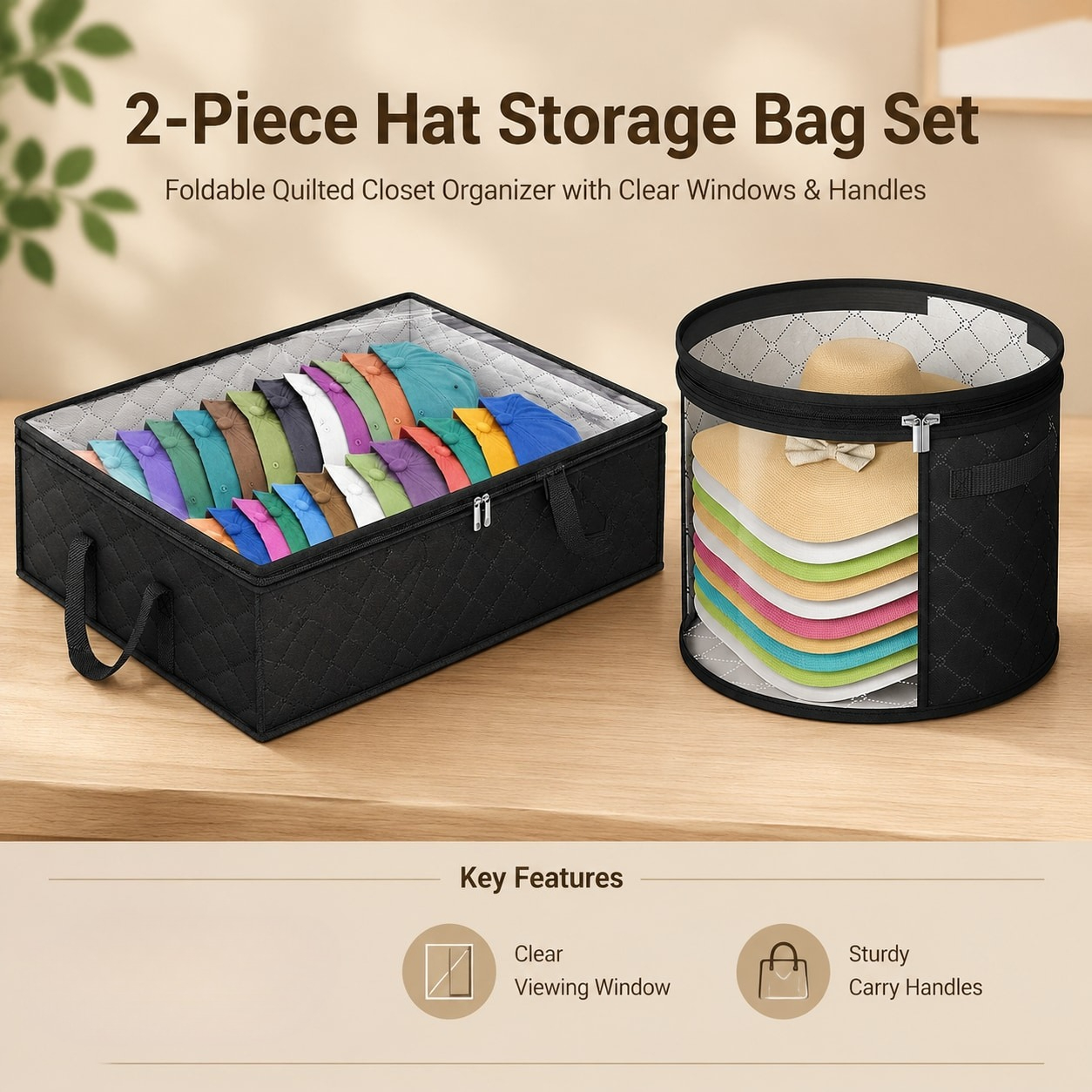 2pcs Set: Rectangular & Cylindrical Hat Storage Boxes