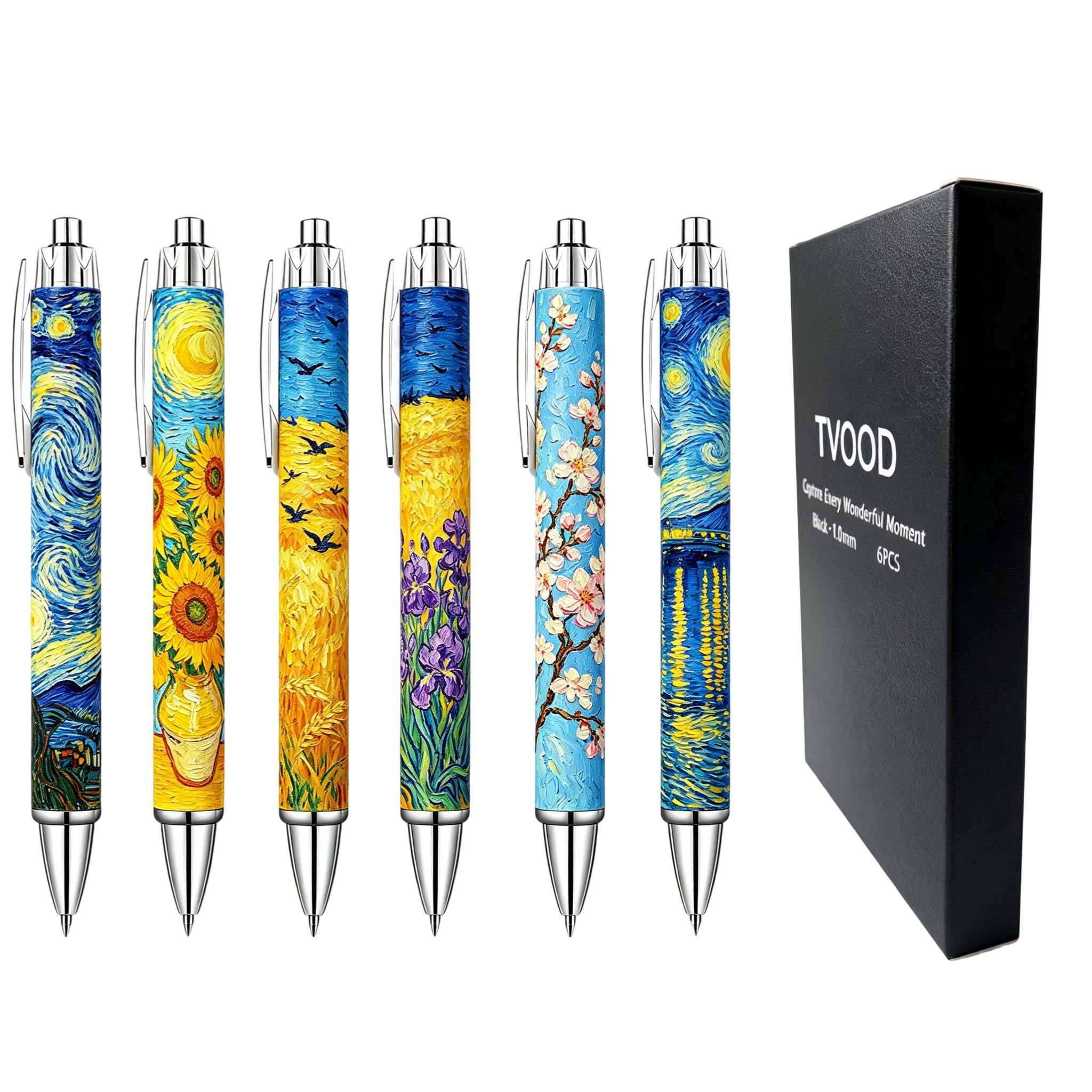 TEMU 6 stylos gel rétractables peinture à l'huile Van Gogh, , écriture fluide, HD Tournesols Iris, cadeau pour les fêtes et les anniversaires