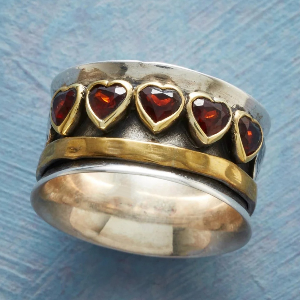 Image of Boho Heart Ring For Women Female Cute Synthetic Red Cz Finger Rings Romantic Birthday Gift For Girlfriend Fashion Wide
