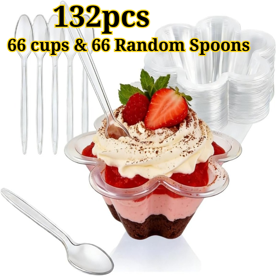 Image of 132 Pack 8oz Clear Plastic Dessert Cups, 66 Bowls With 66 Random Spoons, Flower Shaped Parfait Cups For Birthday Wedding Party, Fruit