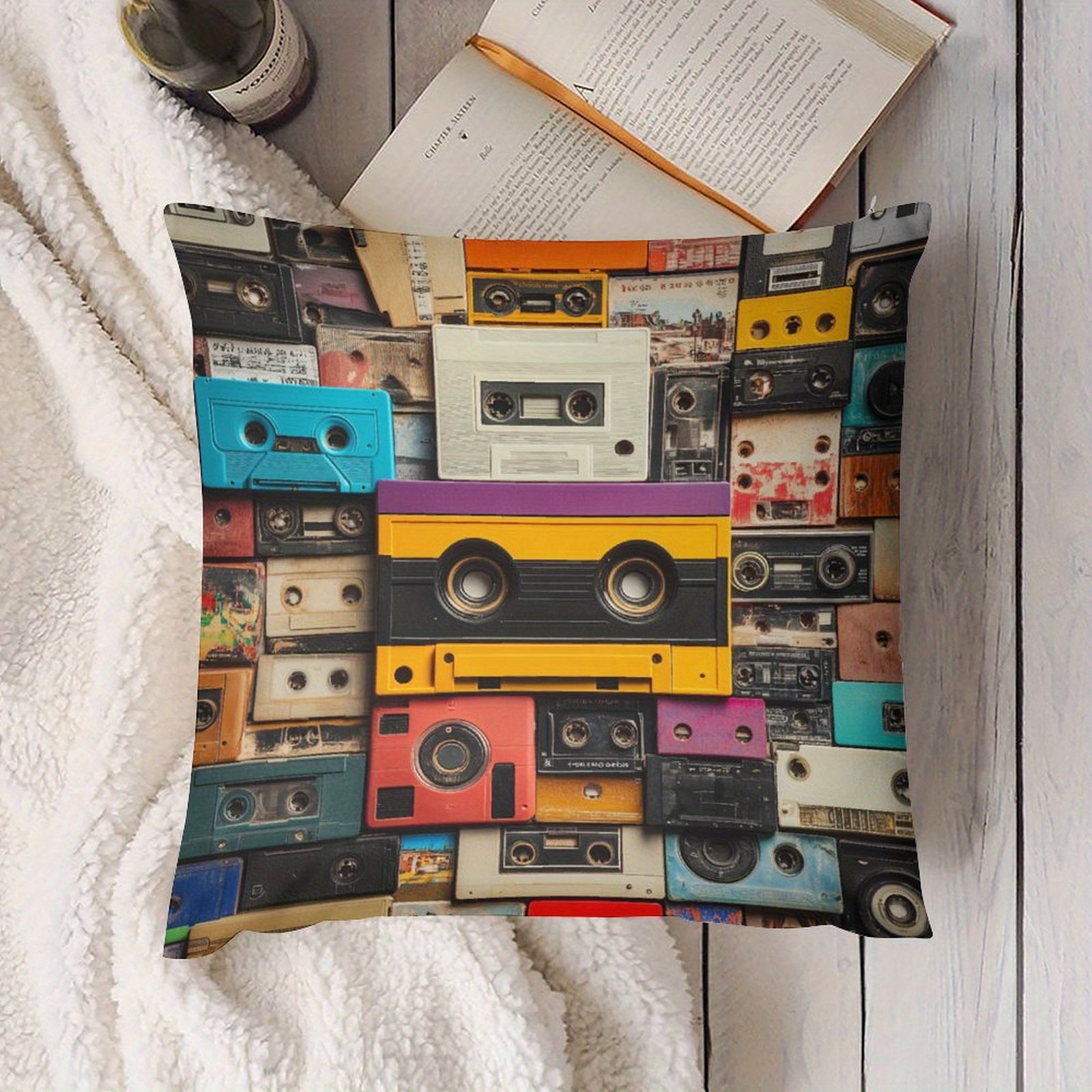 

Vintage Cassette Tape Collage Throw Pillow Cover - Cozy & Stylish, Zip Closure, Machine Washable For Living Room Or Bedroom Decor