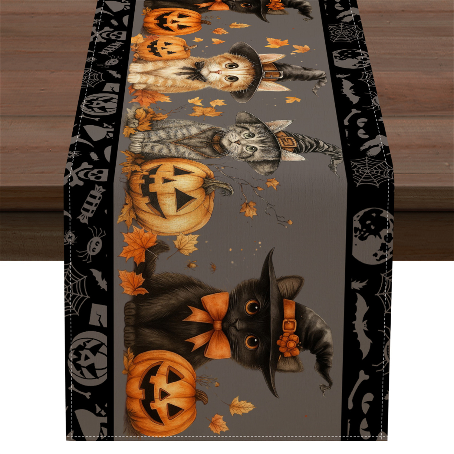 TEMU 1pc Halloween Cat And Pumpkin Table Runner - Black With Orange Leaves, Bats, And Design, Polyester Rectangular Table Decor For Kitchen, Dining,