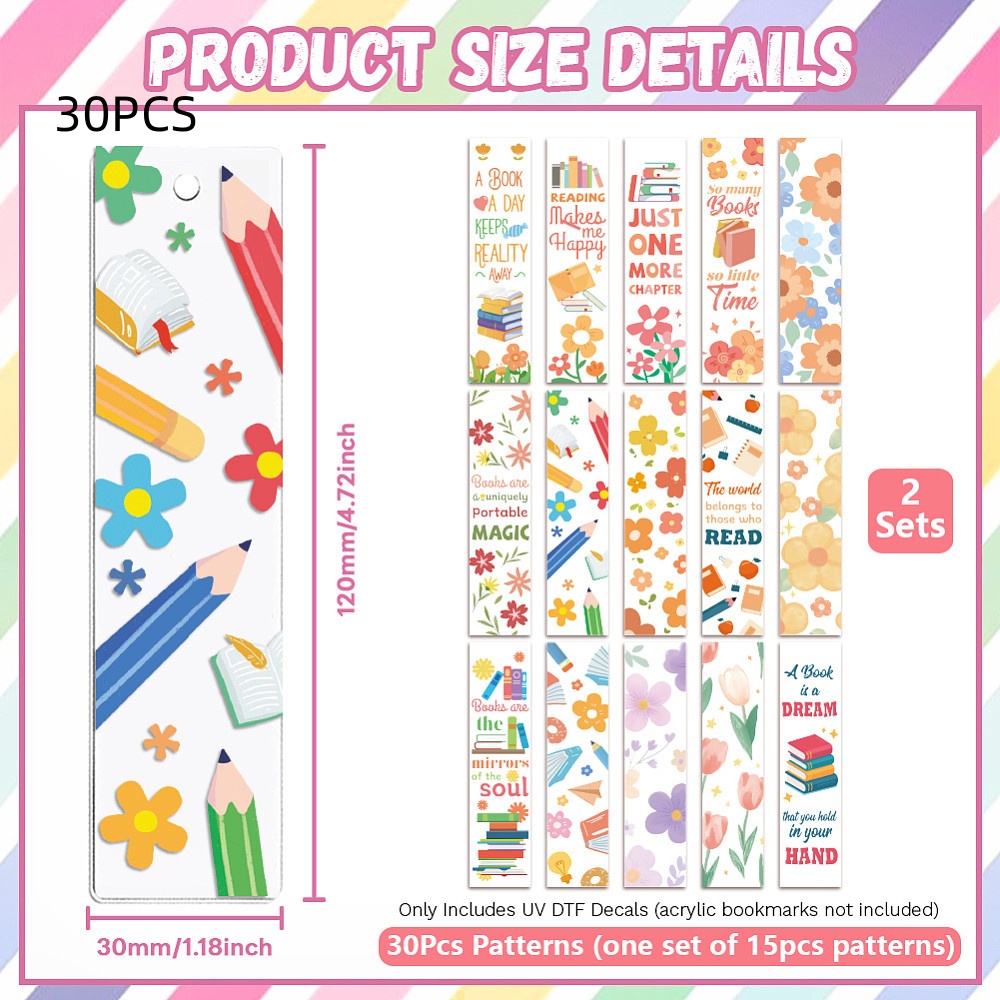 TEMU Marque-page UV DTF 30, 15 styles, film de transfert thermique en plastique, convient aux tasses de sublimation UV, mélangées, 2 feuilles par