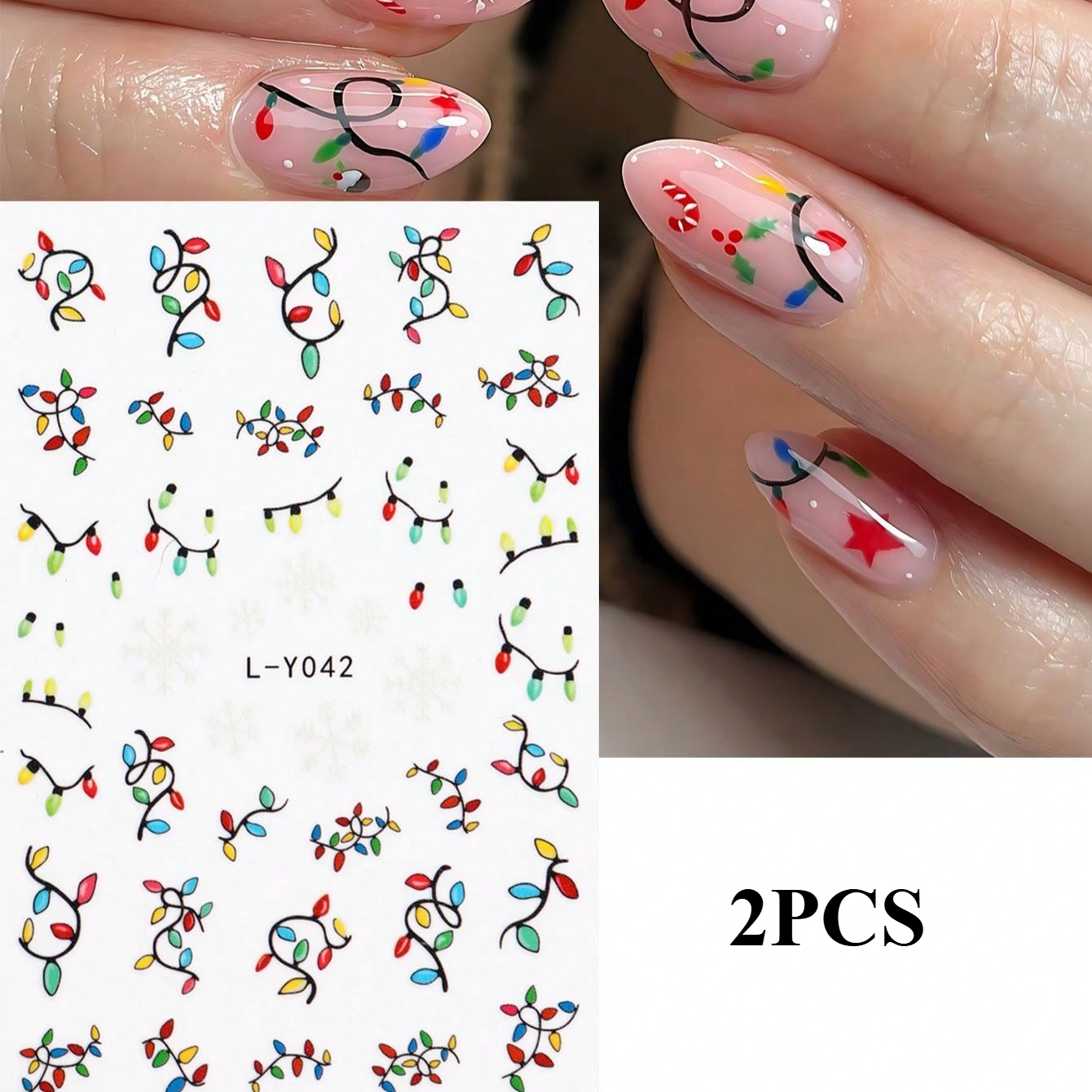 Image of Set Of 2 Glowing Lantern Snowflake-themed Christmas Nail Art Decals, Featuring Y2k-inspired Nail Colors And Light Bulb Designs, Perfect For New Year's Eve Nail Art Supplies