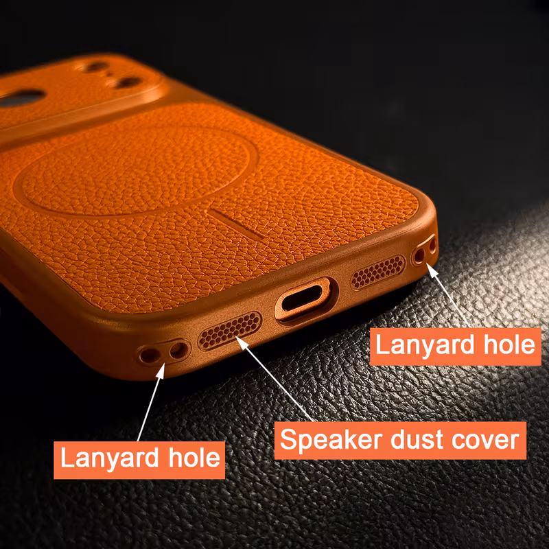 phone luxury instantly upgrade to 17 series orange artificial leather feel texture wireless charging phone case compatible with for iphone 17 16 15 14 13 pro air 17 magnetic shockproof soft border cover Product details 5